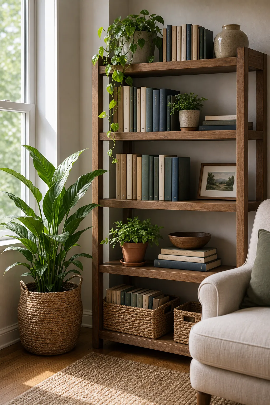 Bookshelf styling with proportional plants that do not crowd the books
