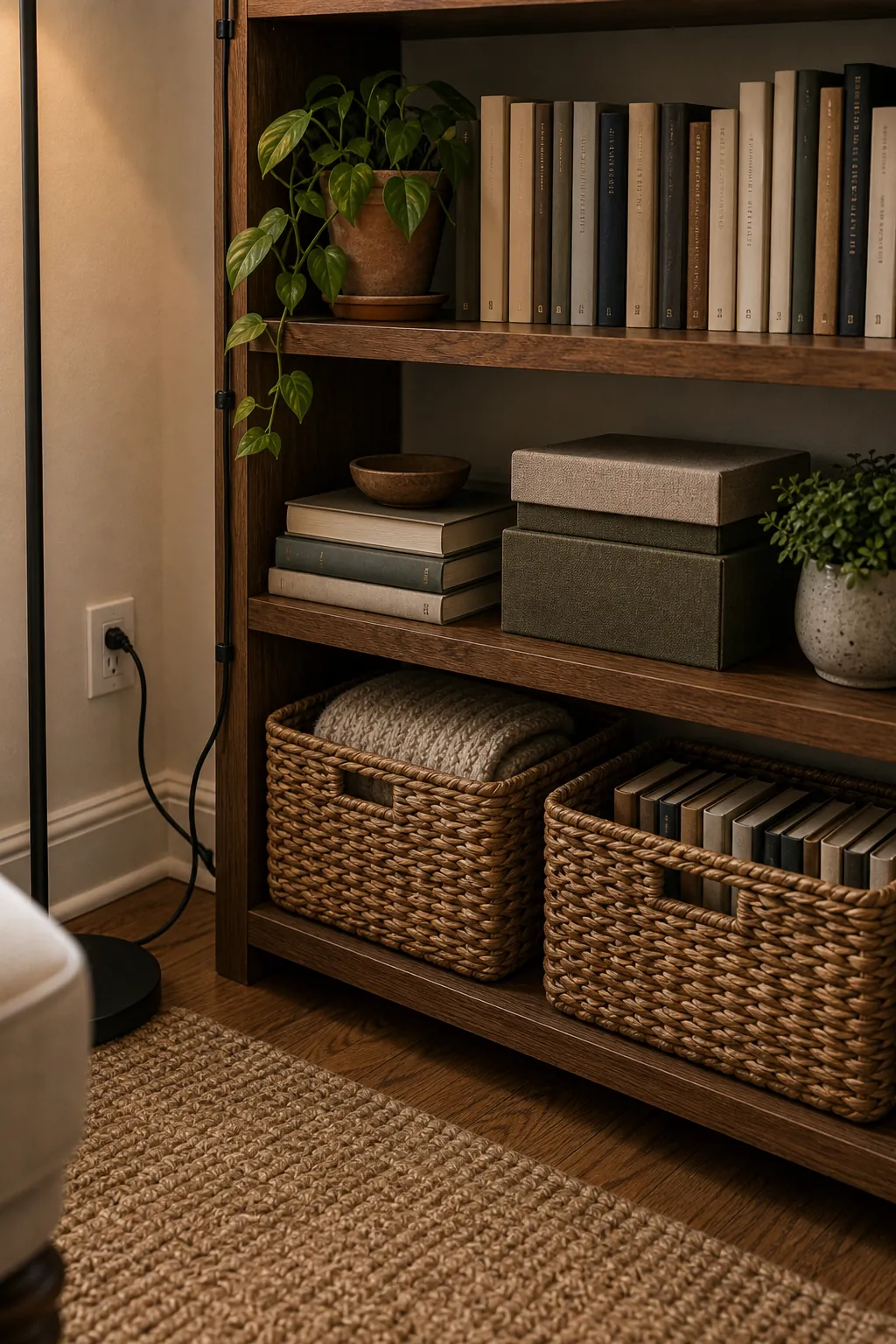 Bookcase bottom shelves with baskets hidden cords and practical book storage
