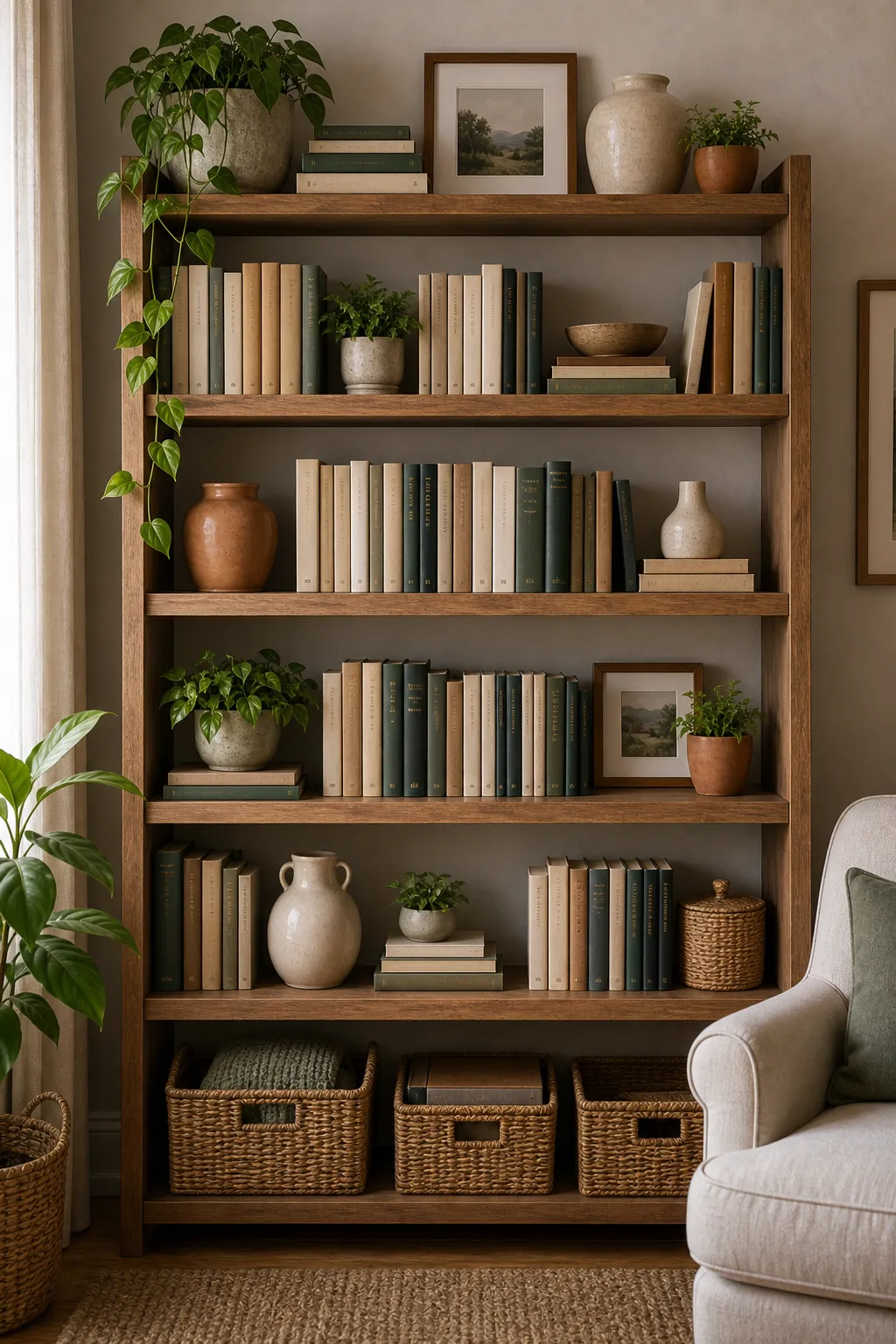 Bookshelf styling with calm color rhythm across books ceramics wood and greenery