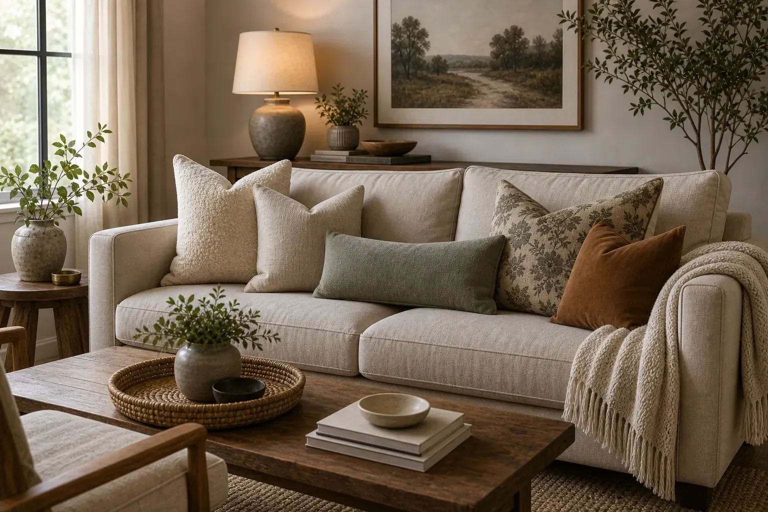 Cozy living room sofa styled with layered pillow combinations