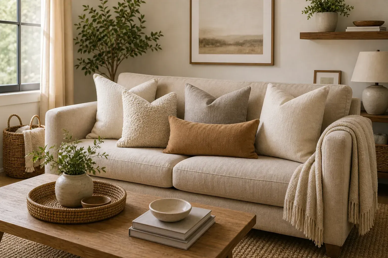 Warm neutral pillow combination on a cozy sofa