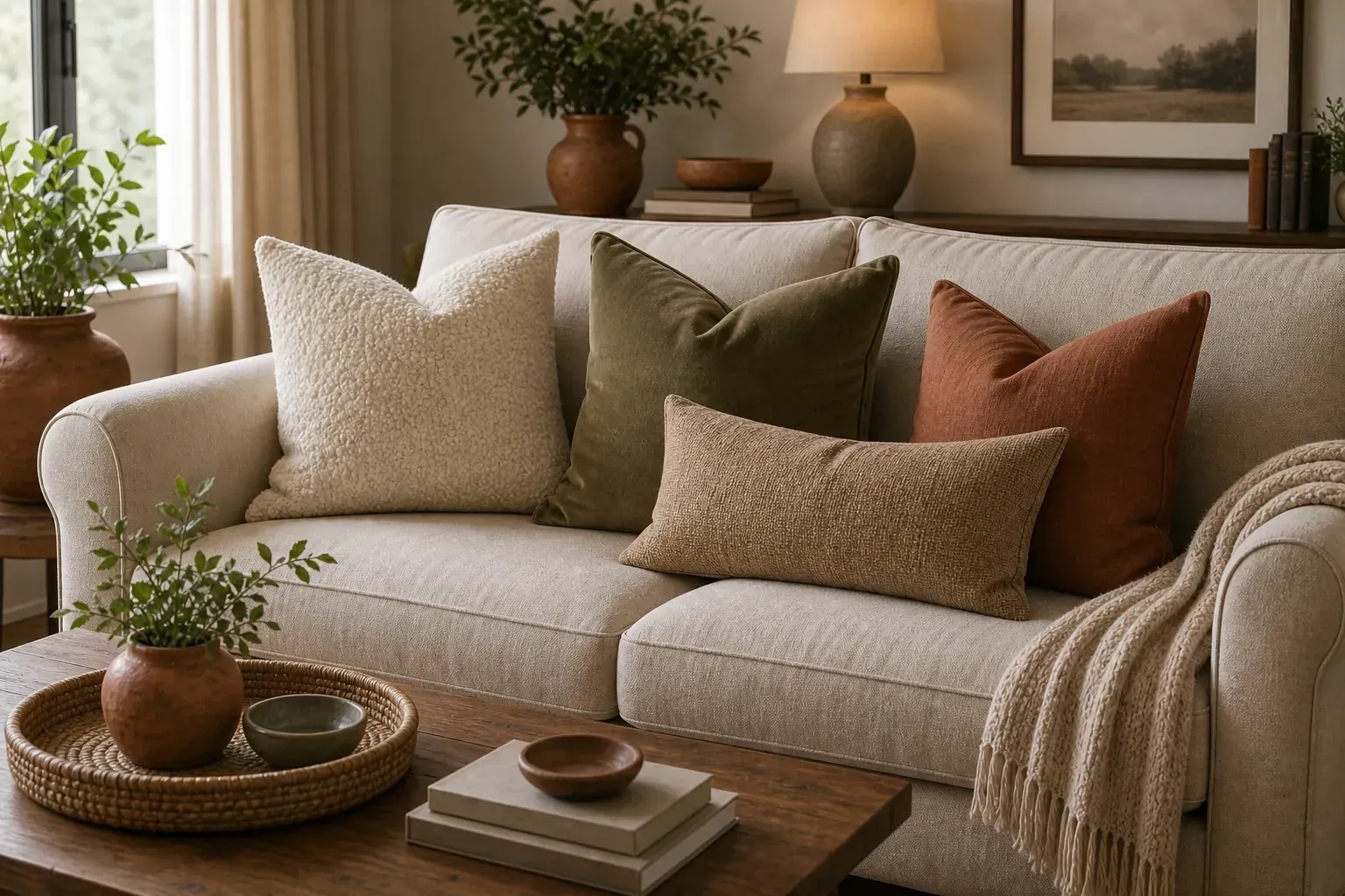 Earthy accent pillow combination with rust and olive
