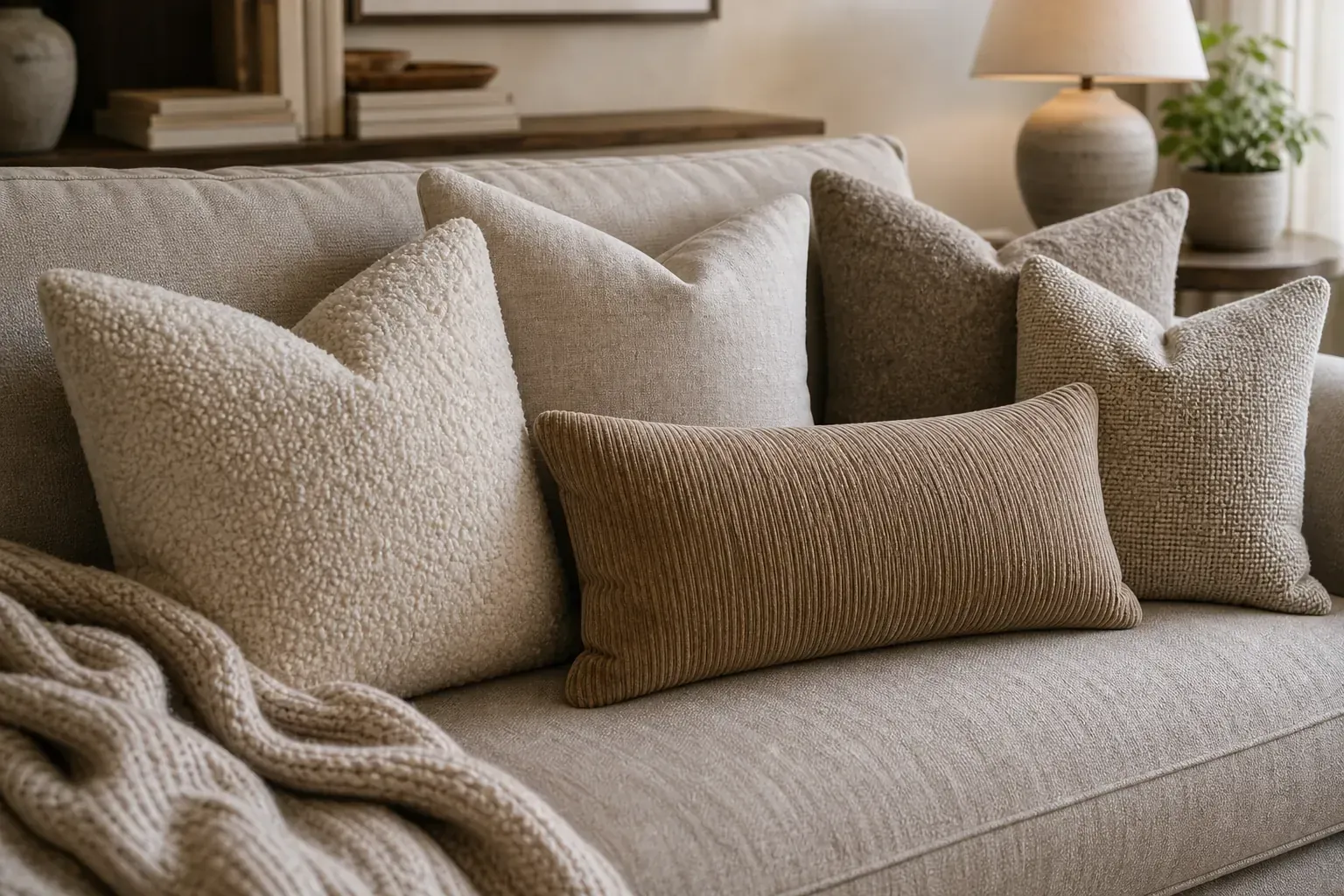 Layered textured pillow combination for a cozy living room