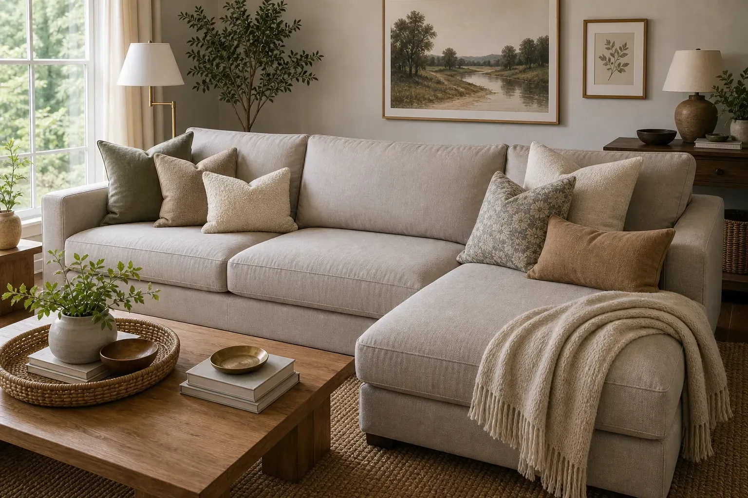 Sectional sofa pillow combination with chaise and throw blanket