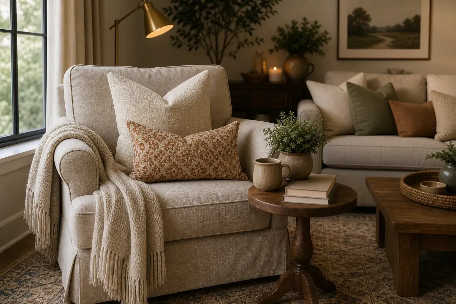 Reading nook chair with cozy pillow combination and throw blanket