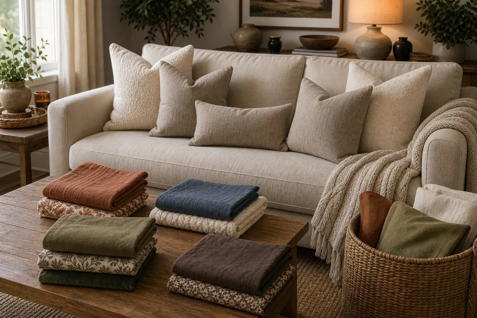 Seasonal cozy pillow covers with neutral base pillows