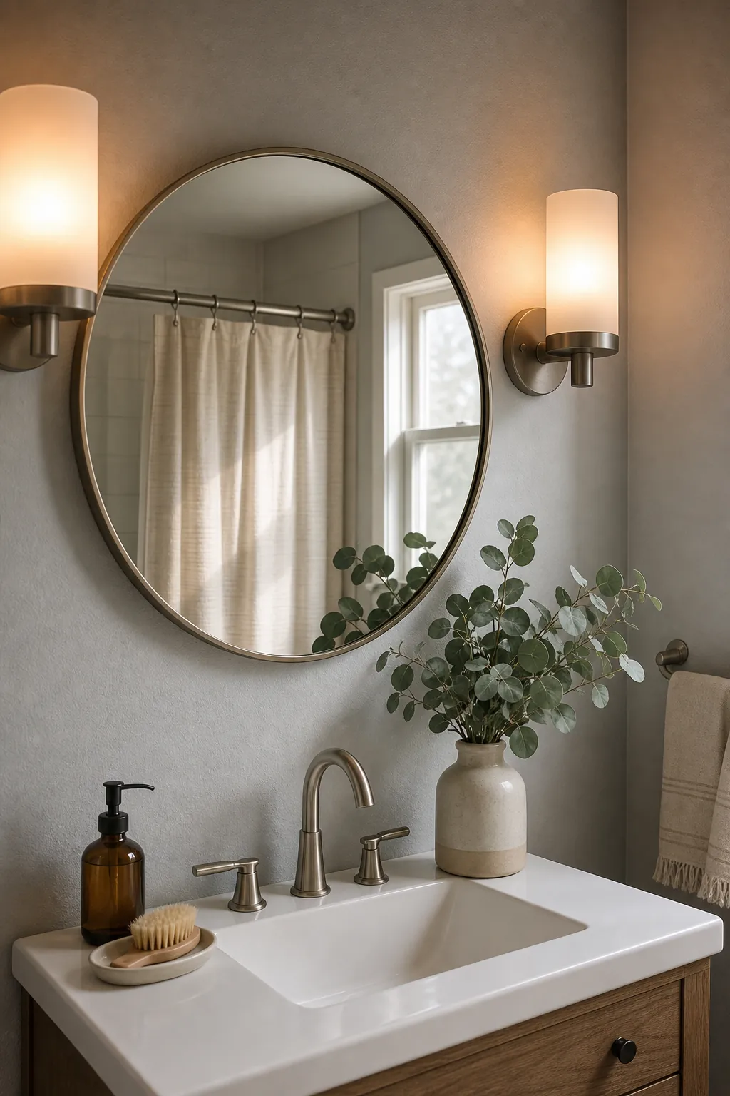 Bathroom mirror with softened lighting and warm natural decor