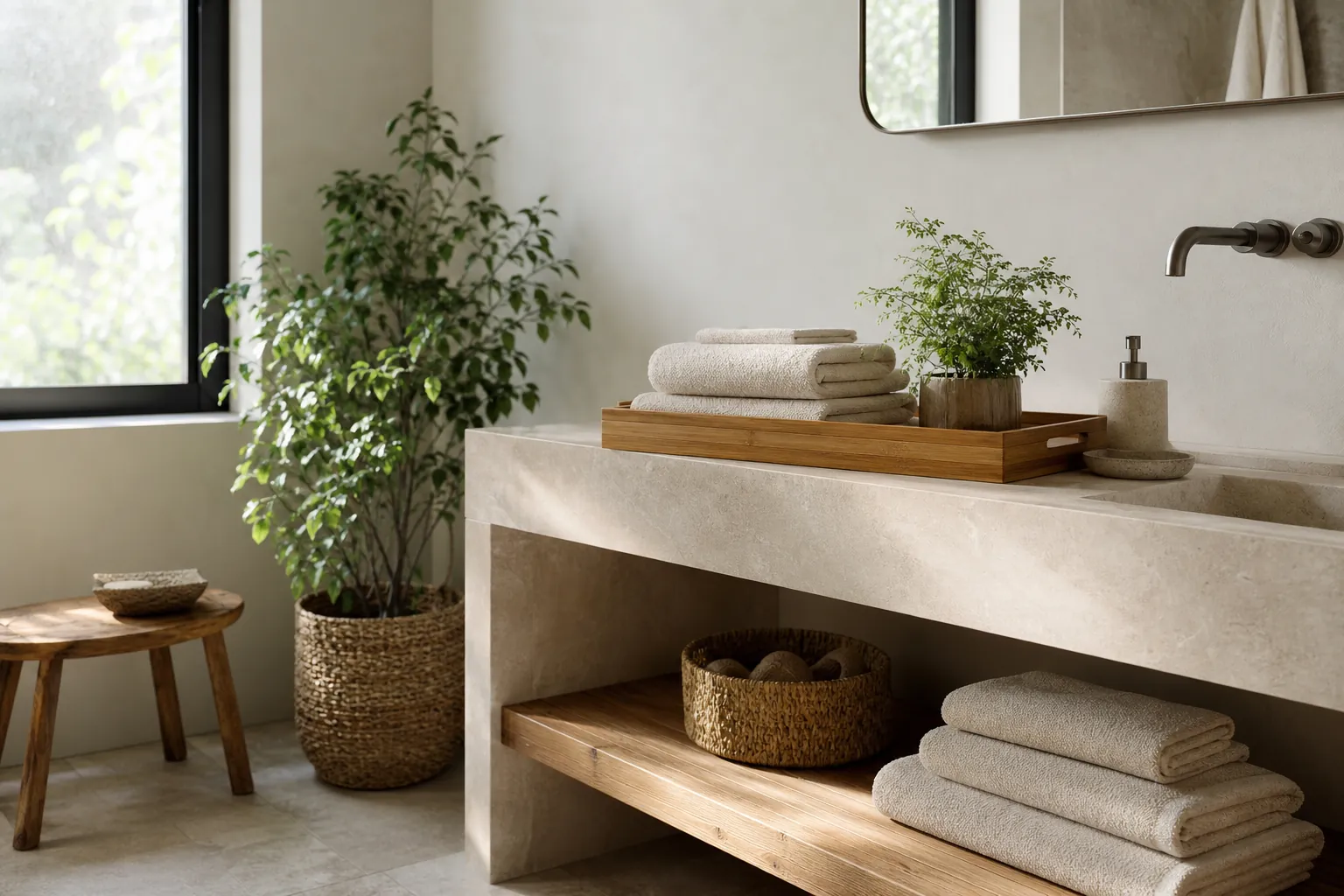 Calm bathroom decor with soft towels, wood accents, and a leafy plant in morning light