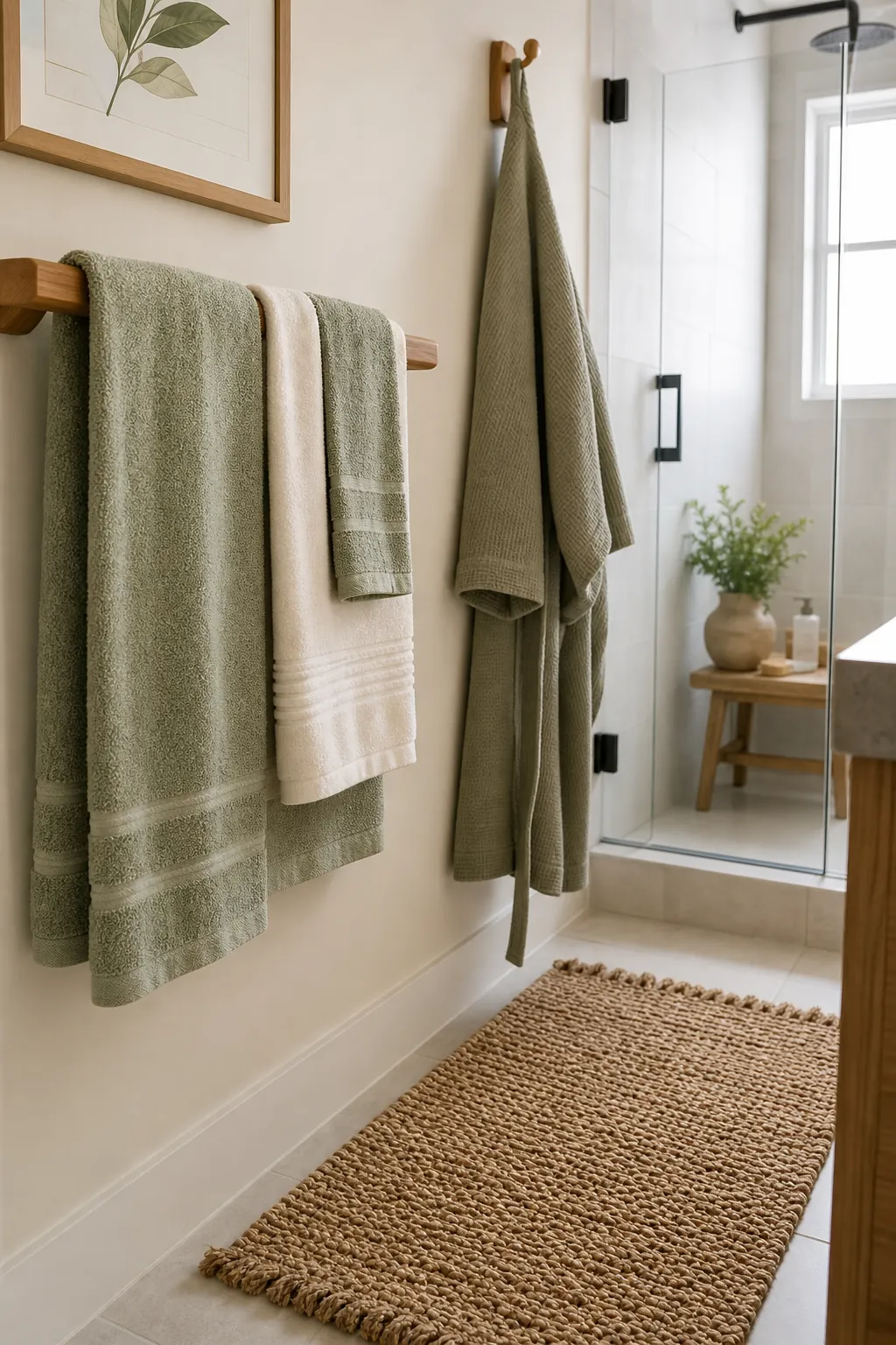Soft sage and ivory bathroom towels layered with a woven bath mat