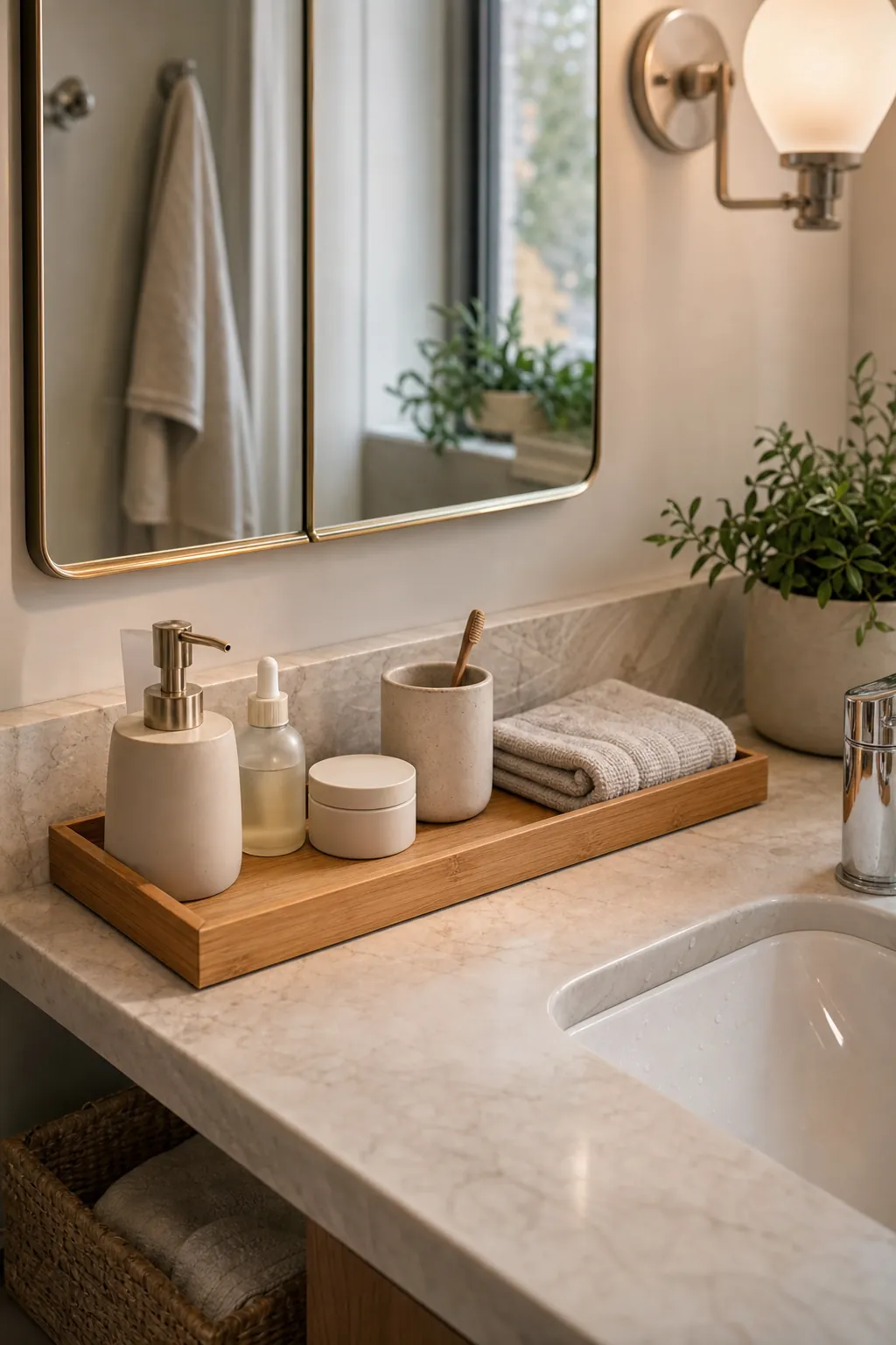 Uncluttered bathroom vanity styled with a wood tray and everyday morning essentials