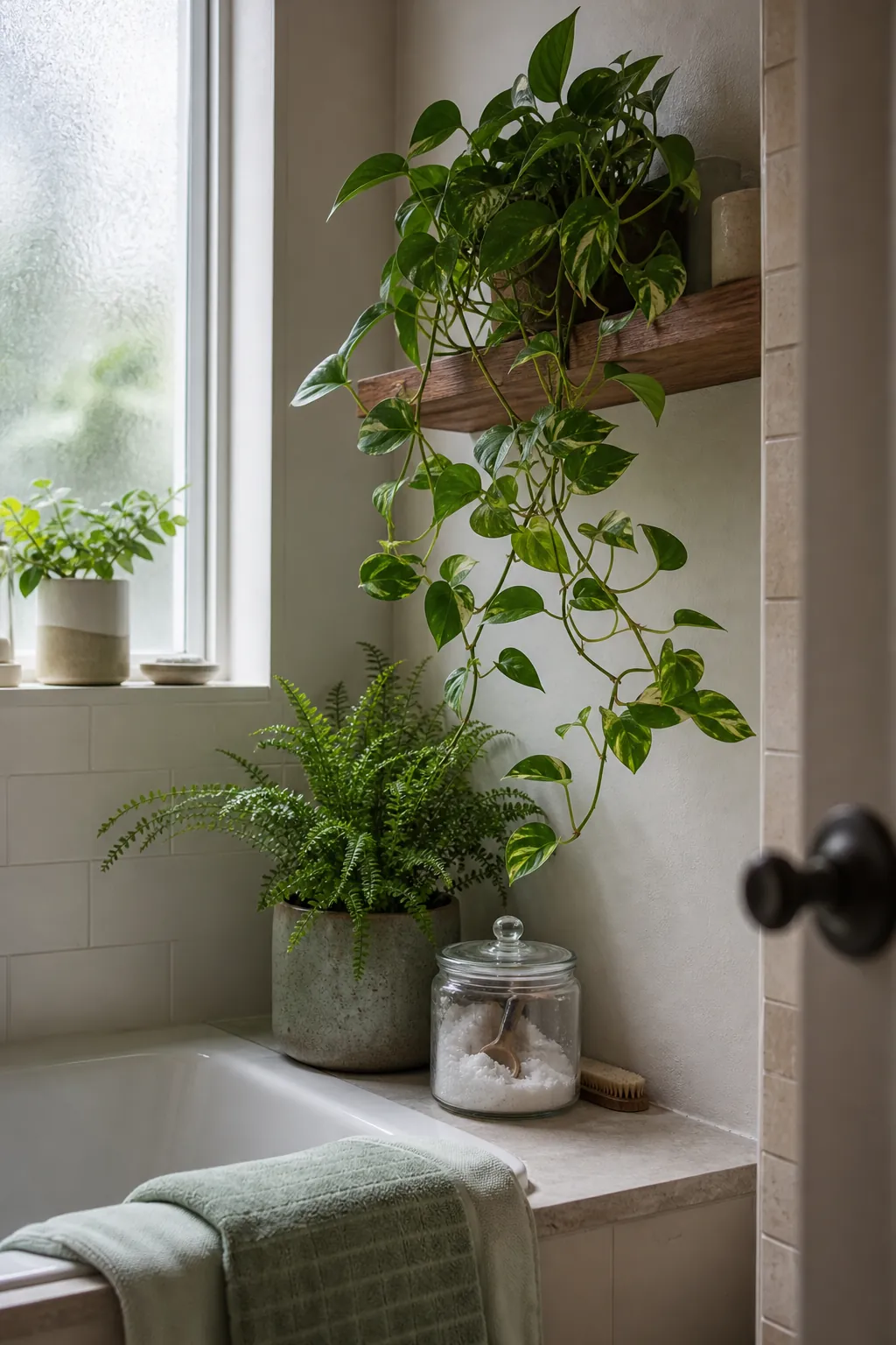 Bathroom plant corner with trailing greenery and natural textures