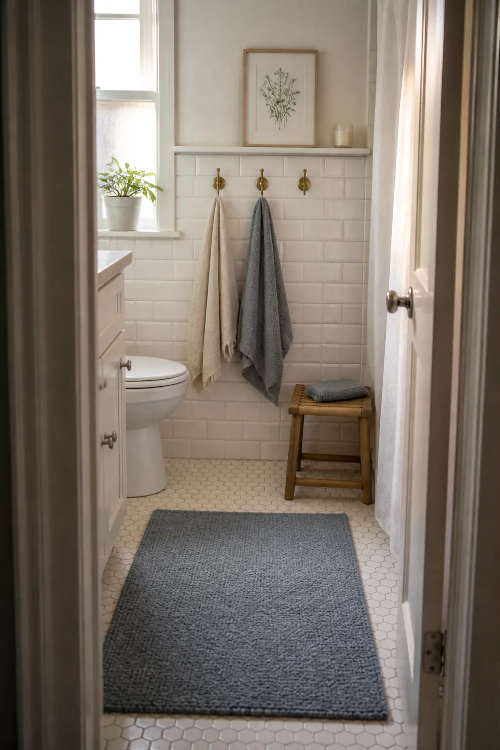 Rental friendly guest bathroom with a calm rug, art, and removable decor