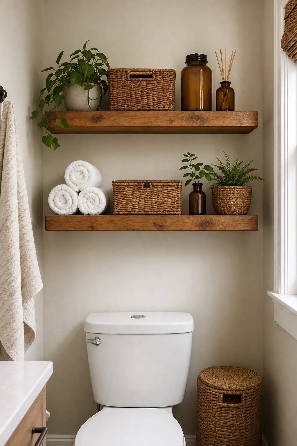 Bathroom shelves with rolled towels, baskets, and natural storage
