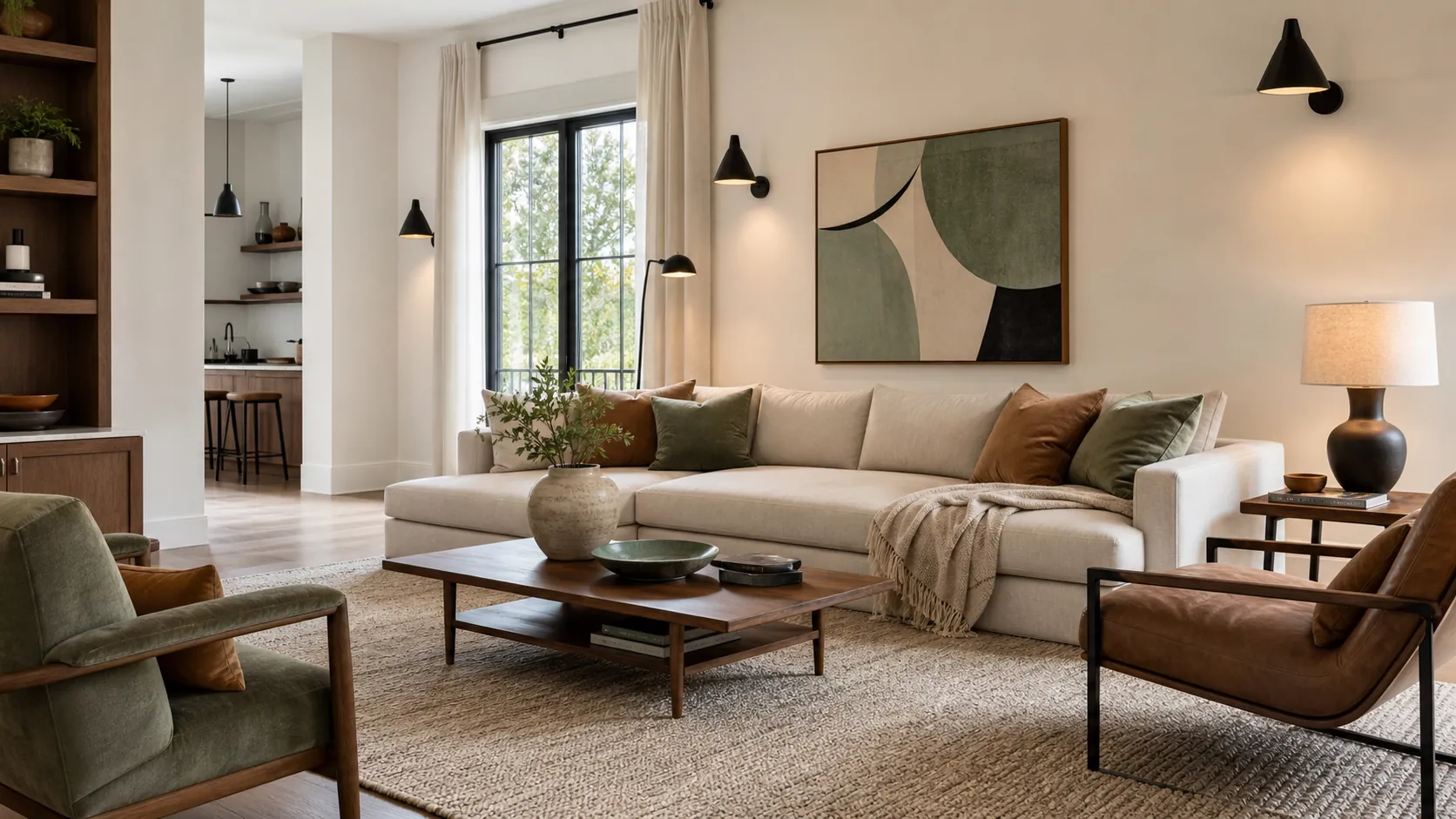 Modern living room color scheme with warm neutrals wood black accents and layered textiles