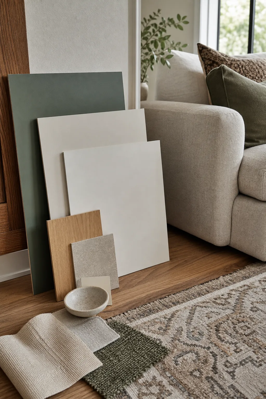 Modern living room color palette samples beside wood flooring and sofa fabric