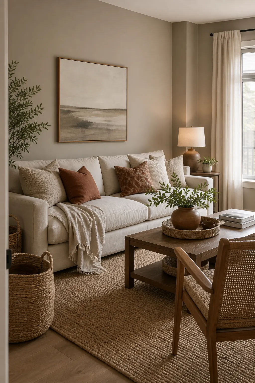 Greige and cream living room color palette with clay pillows and woven textures