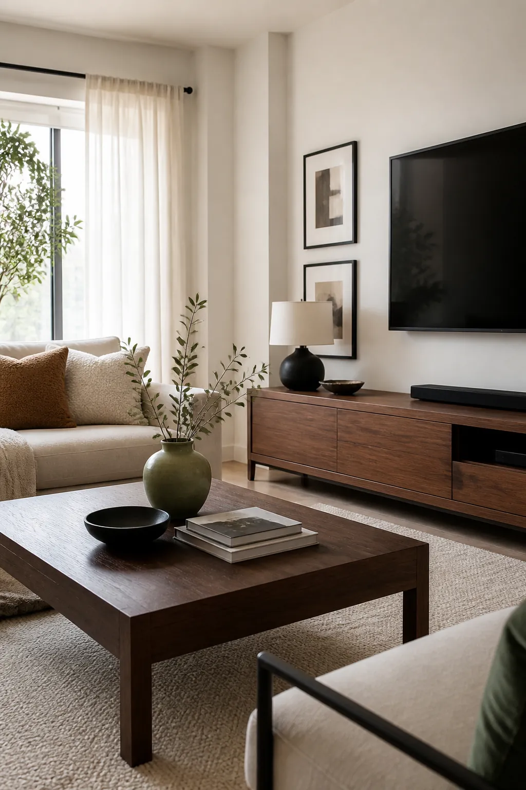 Warm white modern living room with walnut furniture and soft black accents