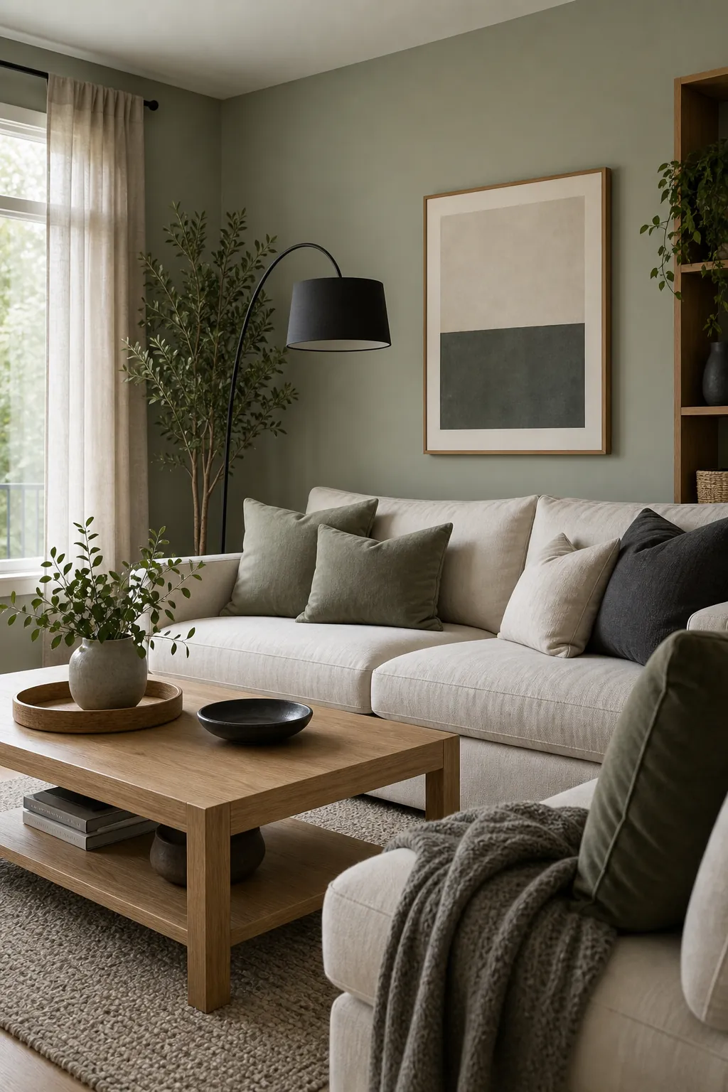 Modern sage green living room with oak furniture linen curtains and charcoal accents