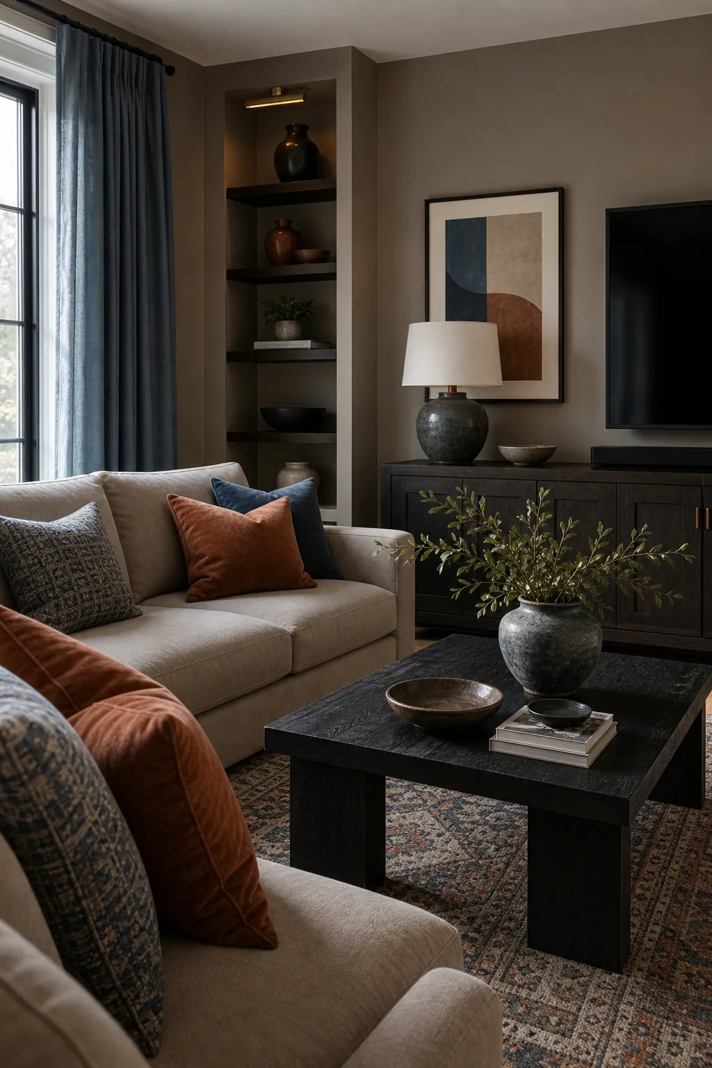 Taupe modern living room with dusty blue accents rust pillows and blackened wood table