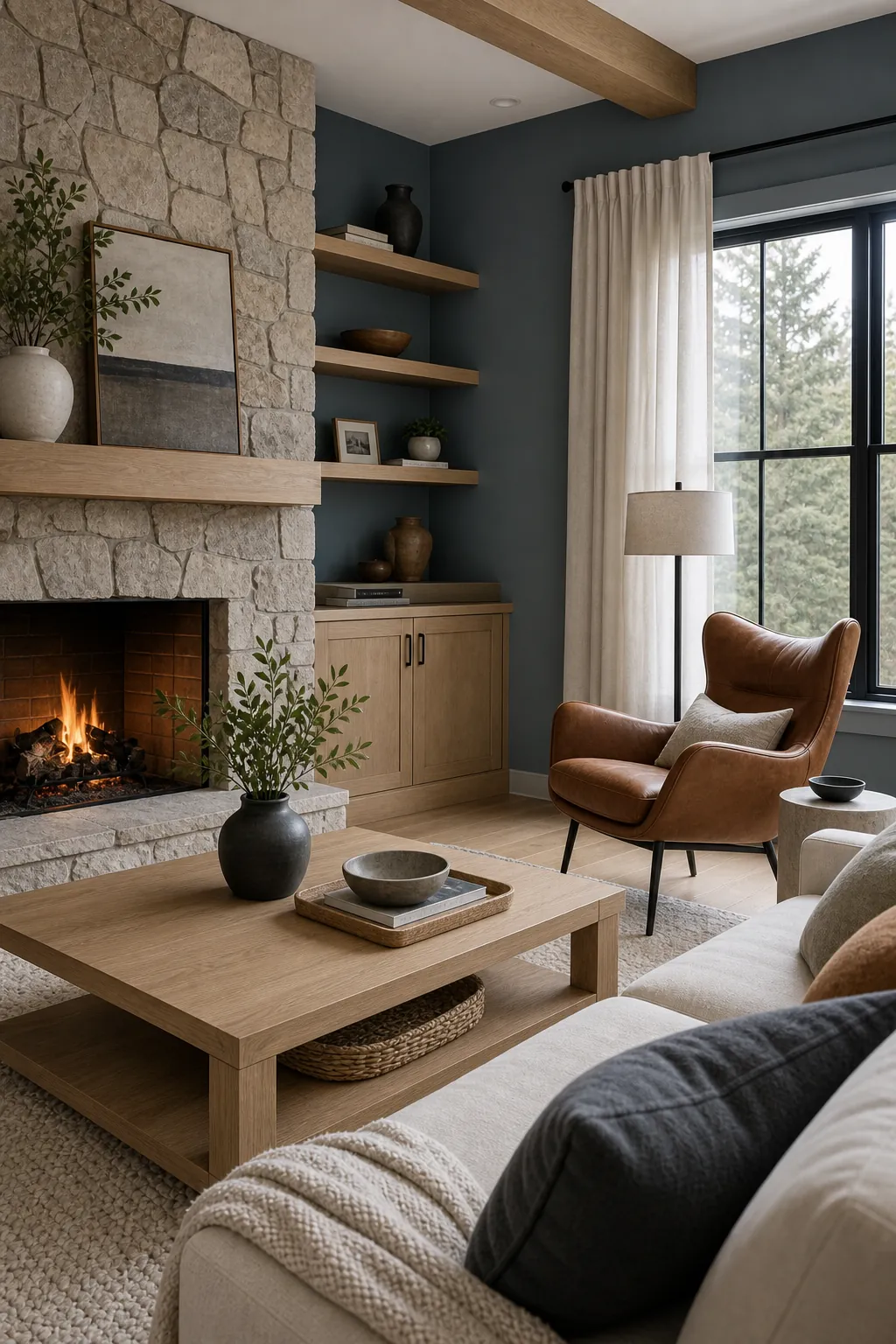 Blue gray modern living room with stone fireplace white oak and camel leather chair