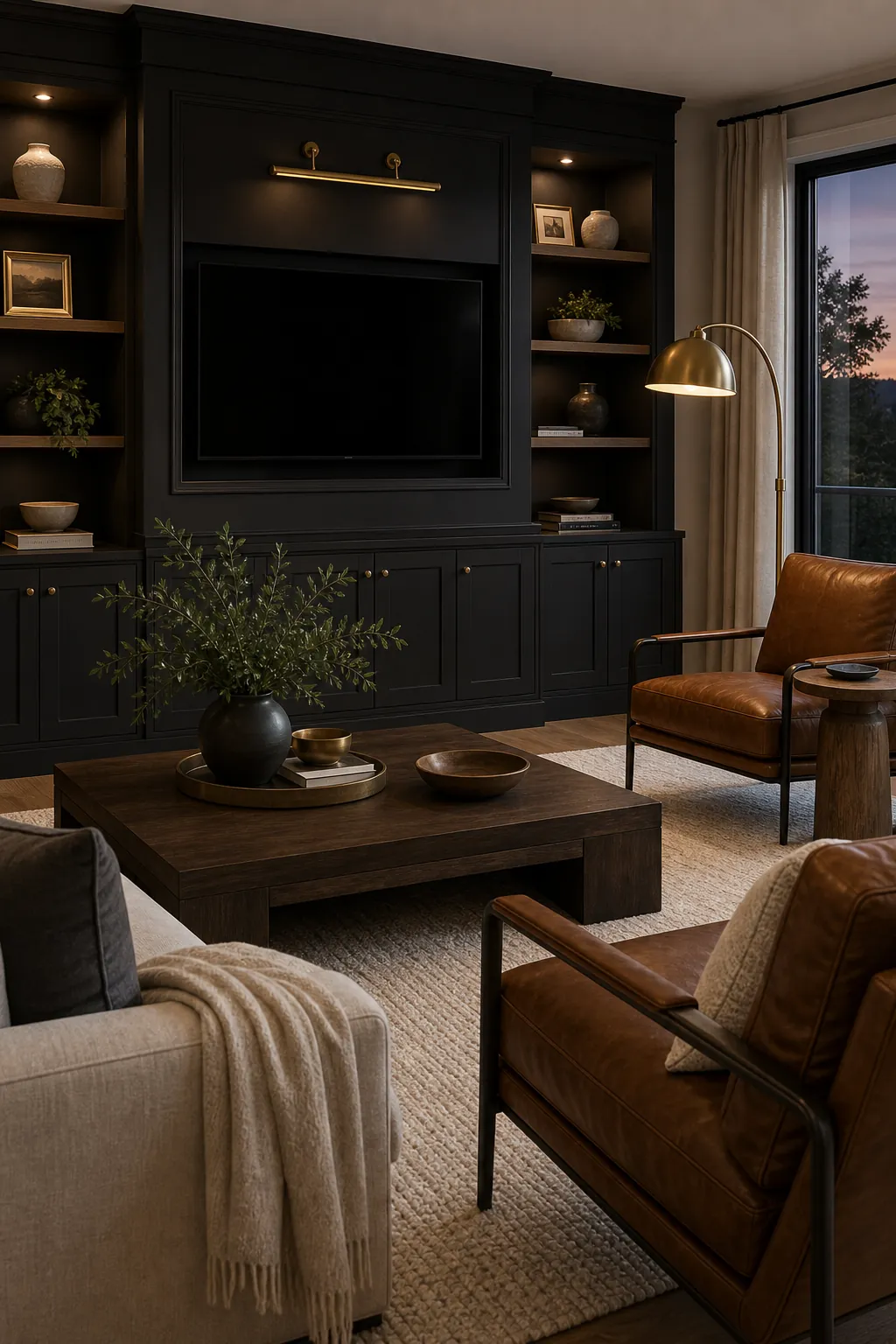 Modern charcoal living room with ivory rug cognac leather and brass lighting