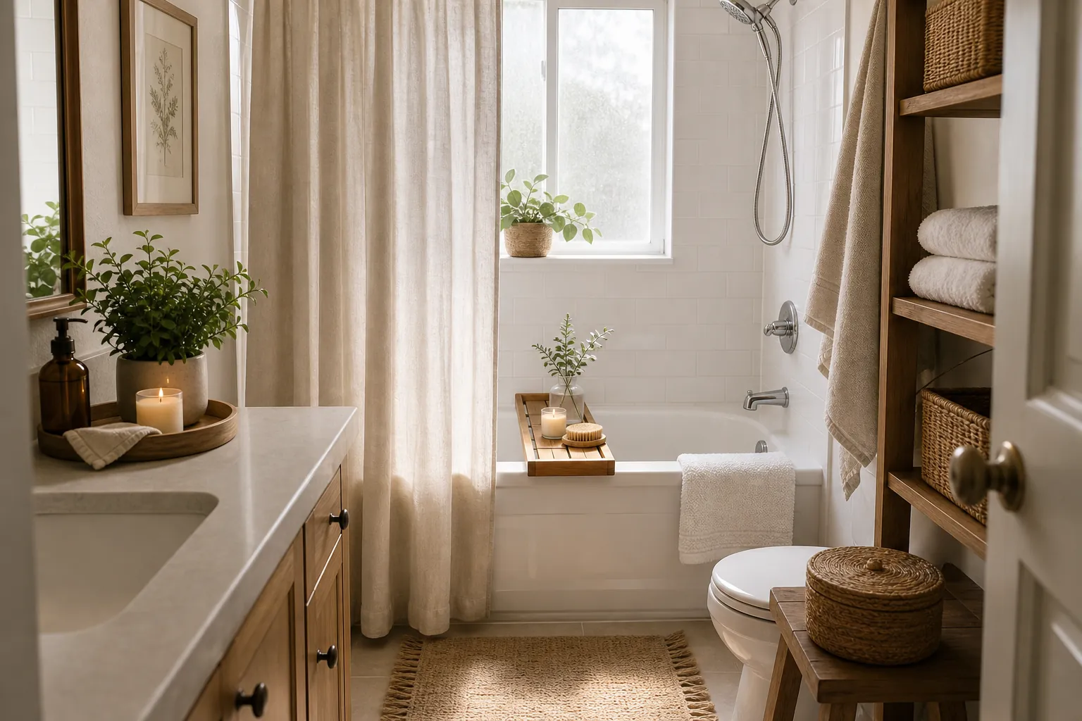 Plain bathroom styled like a spa with warm wood, soft towels, and natural storage