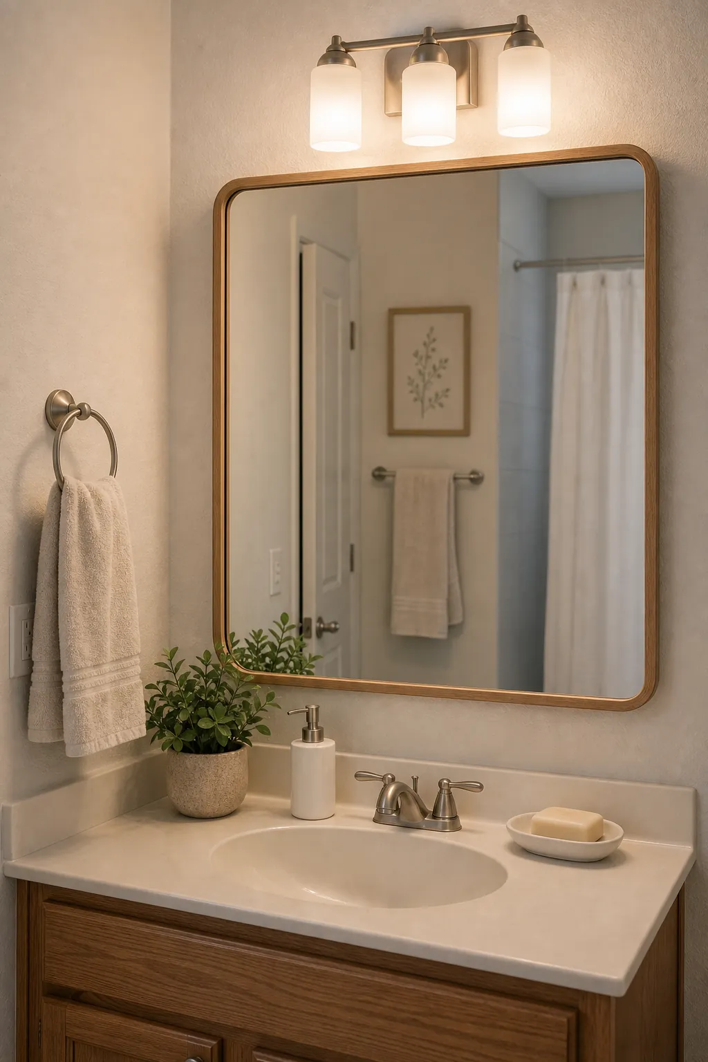 Plain bathroom mirror area softened with warm lighting and natural accents