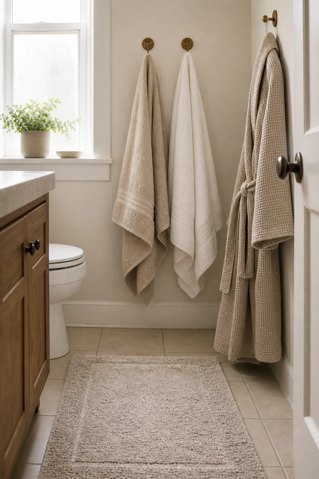Spa bathroom towels and bath rug in a soft neutral palette