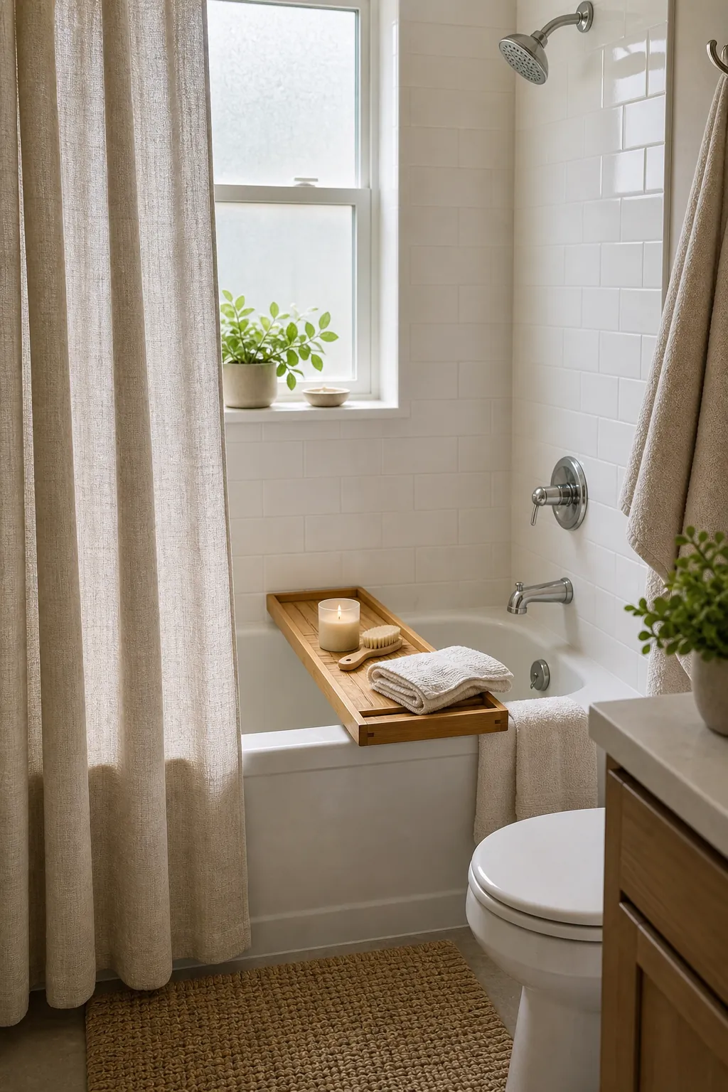 Relaxing bathroom with a linen shower curtain and natural bath tray