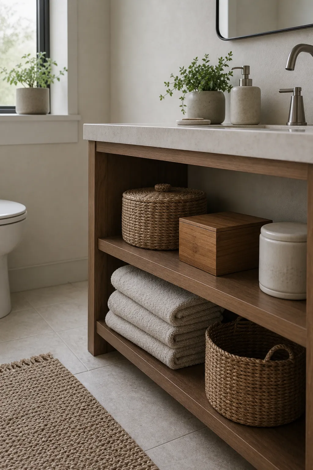 Budget bathroom storage with baskets and calm closed organization