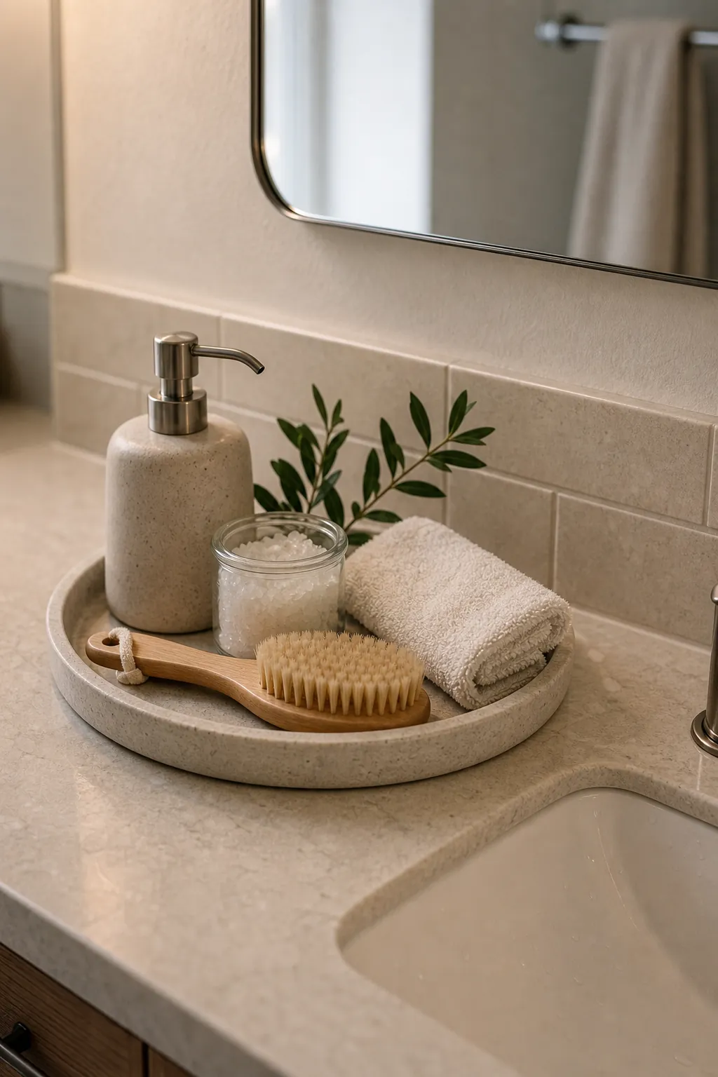 Bathroom counter tray styled with spa-like everyday essentials