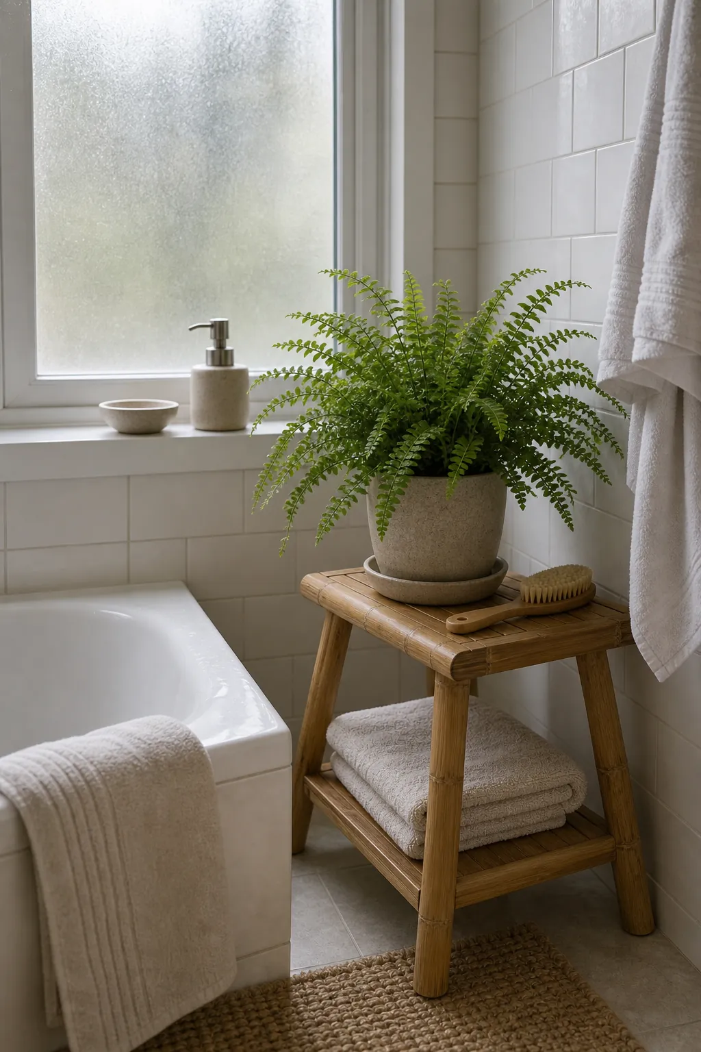 Spa-like bathroom corner with a plant, stool, and soft daylight