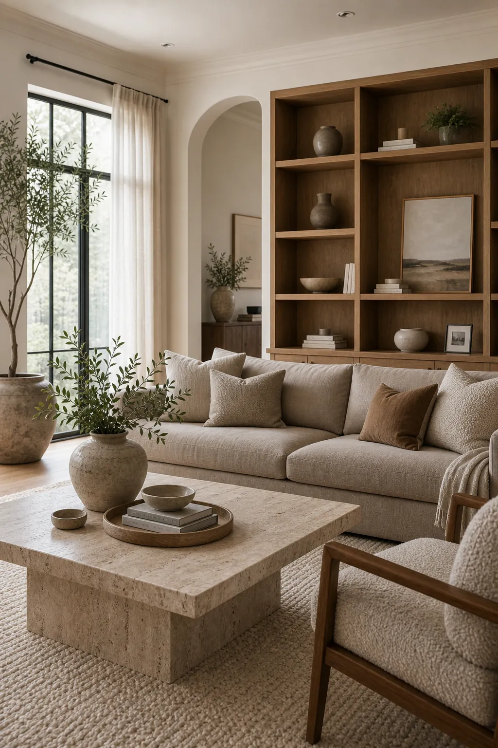 Ivory taupe and travertine luxury living room with warm oak furniture