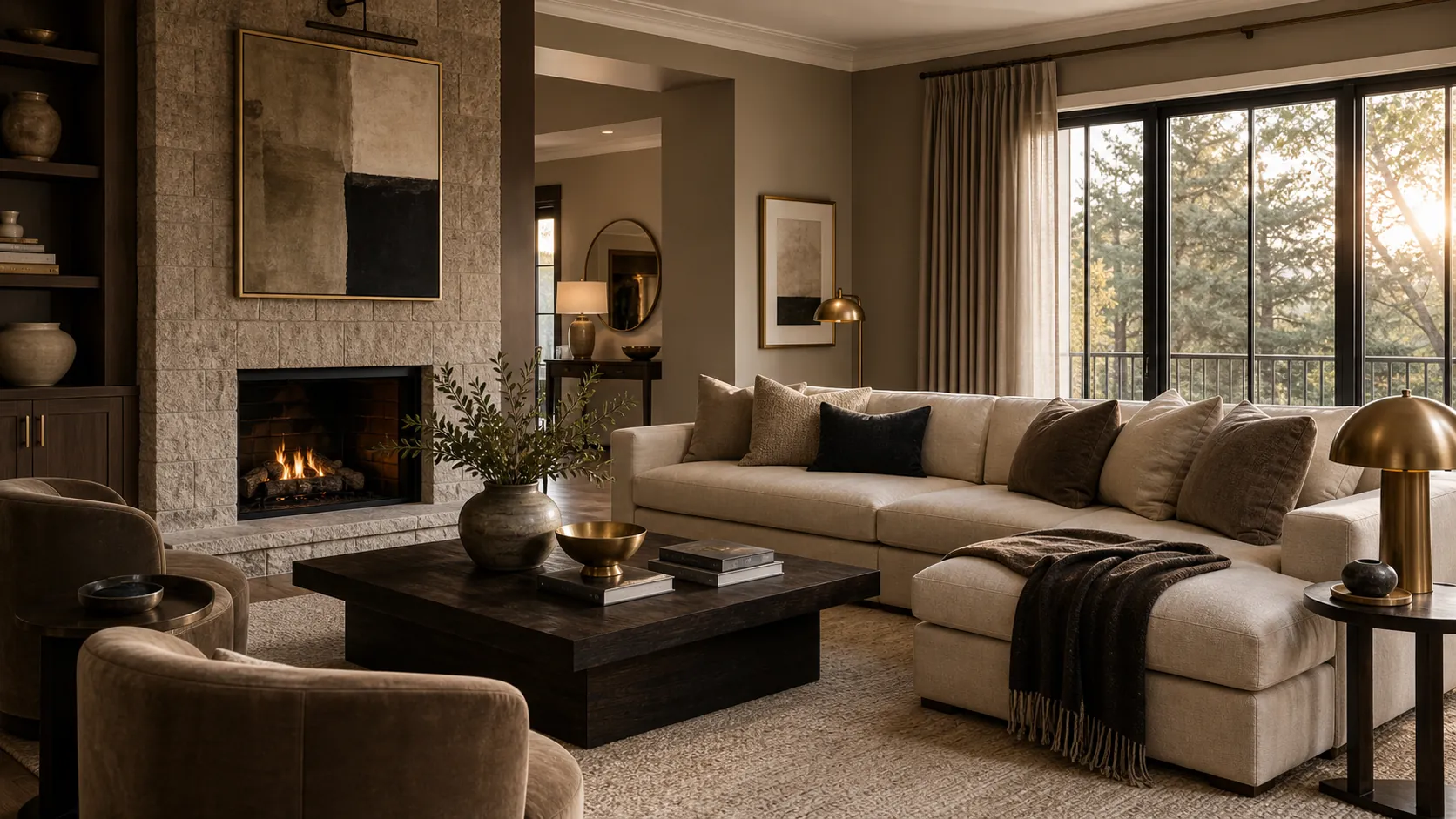 Luxury living room color scheme with mushroom walls cream seating brass lighting and rich wood