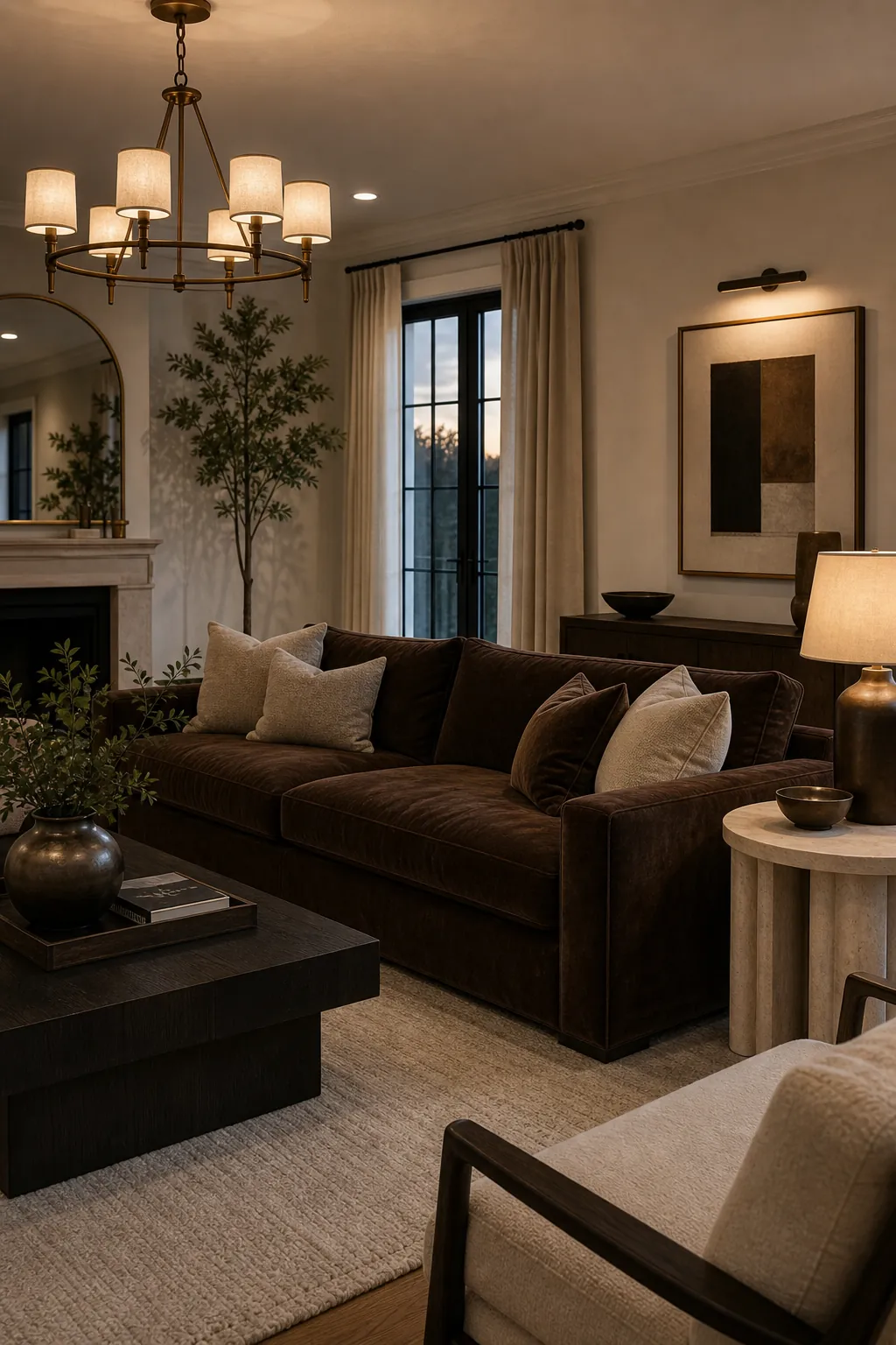 Chocolate brown and cream luxury living room with bronze lighting and linen curtains