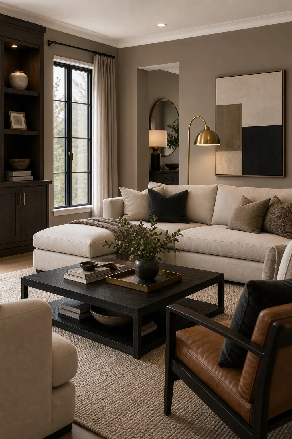 Luxury living room color scheme with mushroom walls cream sofa soft black and brass accents