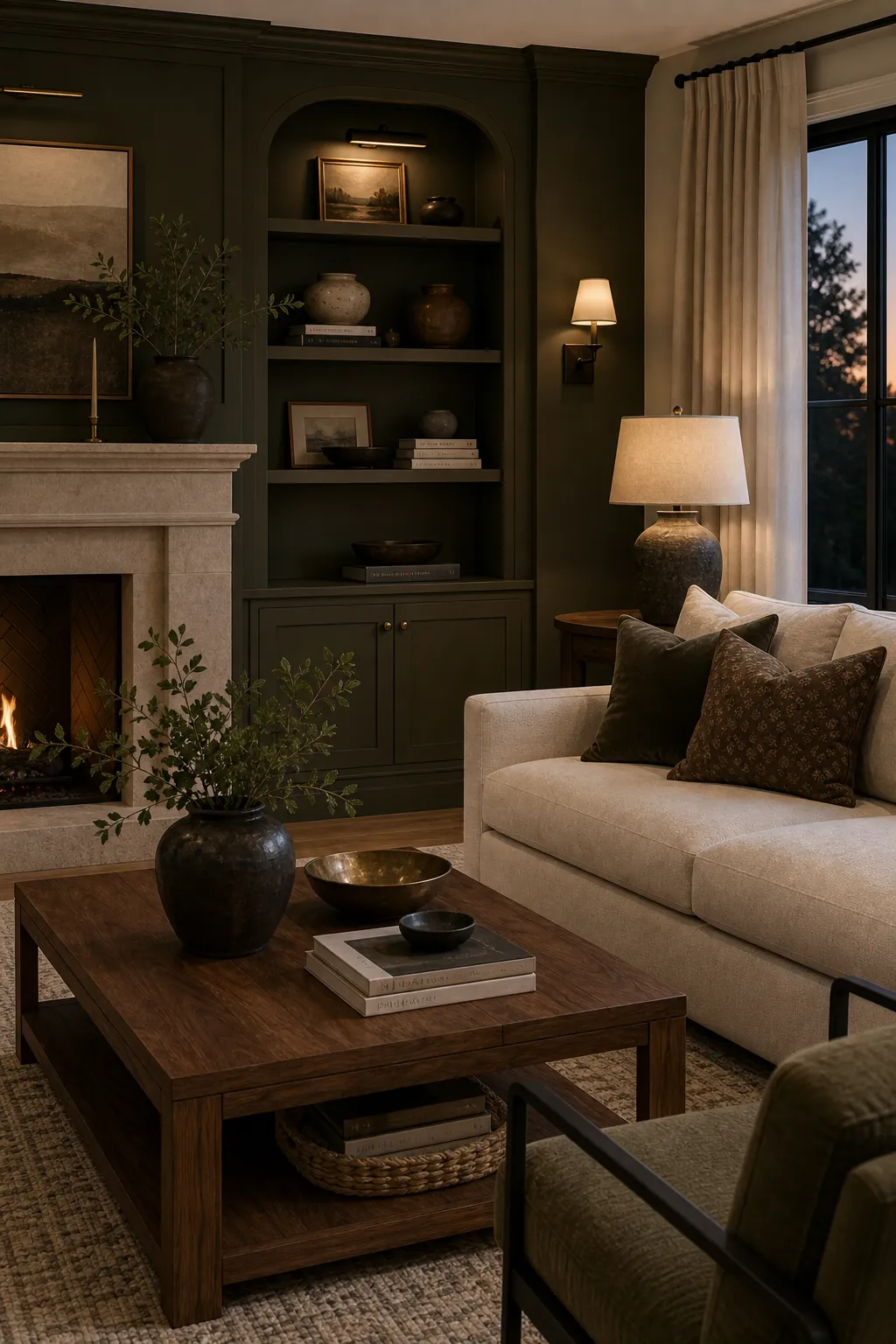 Deep olive luxury living room with walnut furniture stone details and off-white sofa
