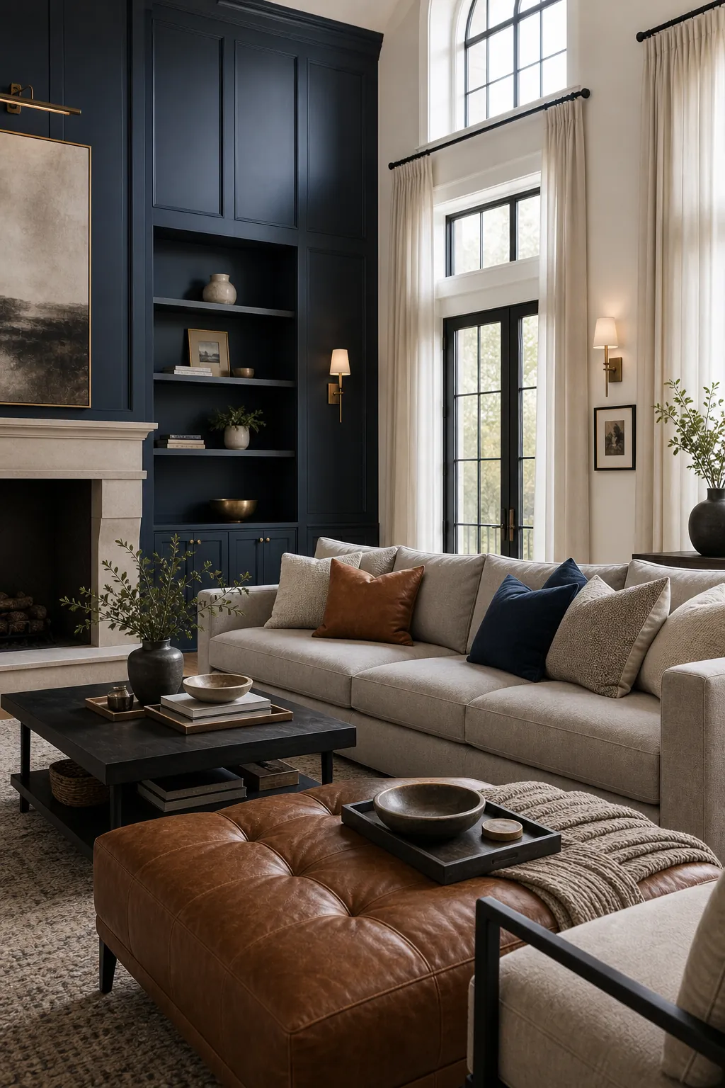 Navy and stone gray luxury living room with cognac leather and crisp white trim