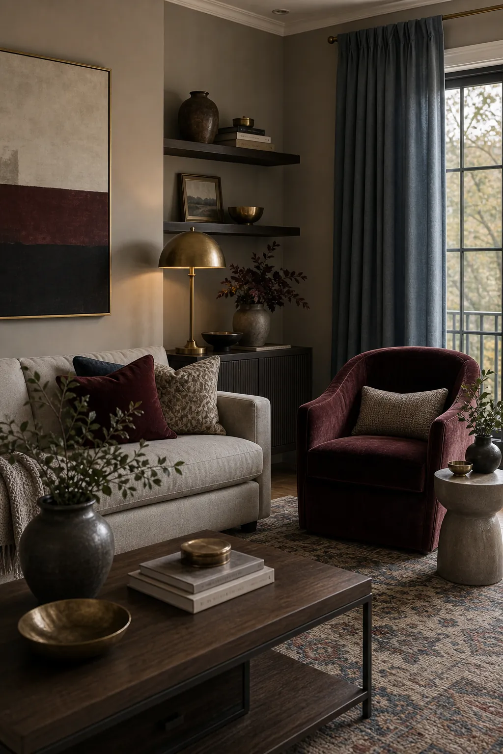 Burgundy greige antique brass and smoke blue luxury living room palette
