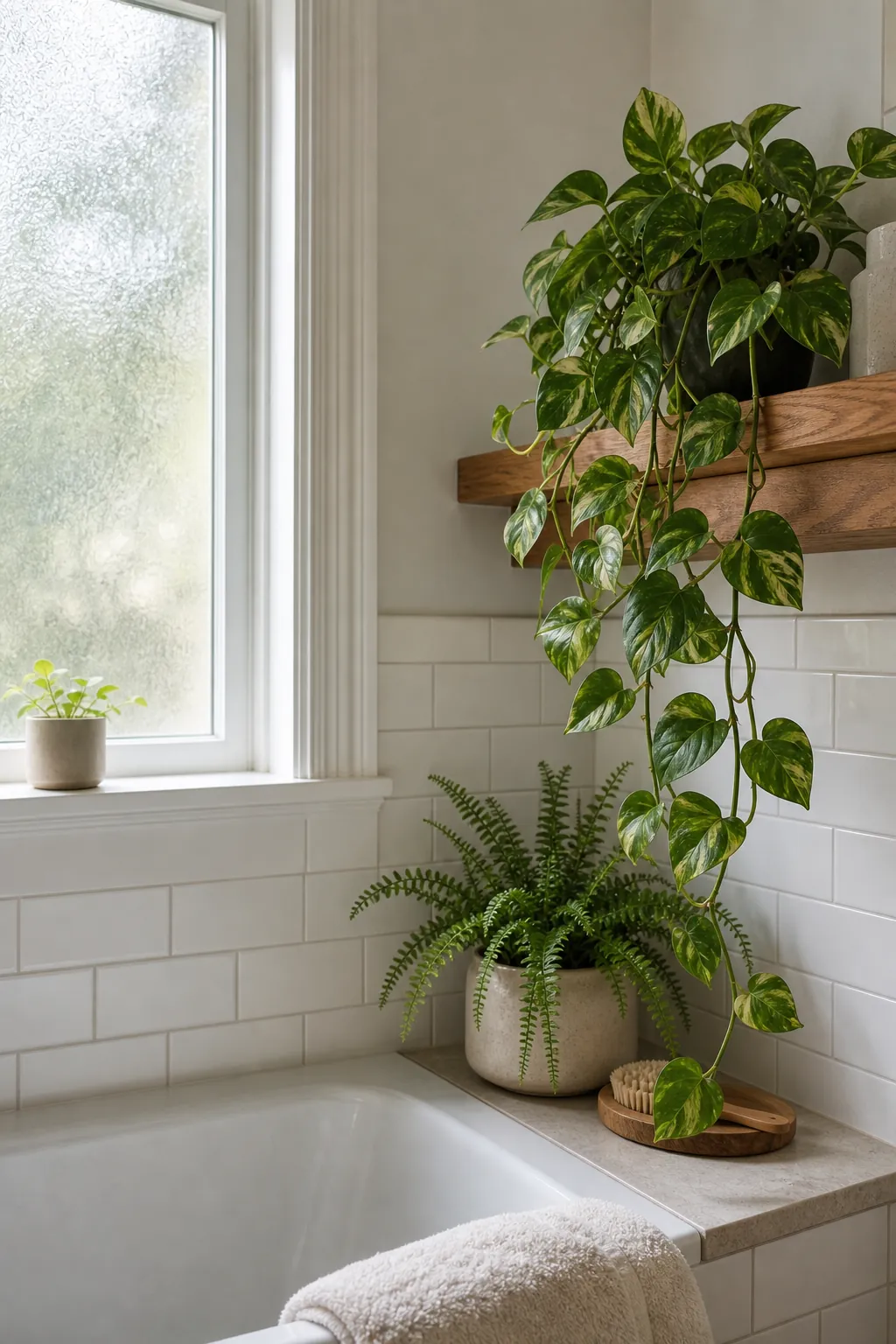 Bathroom plant styling near a bright window with wood and cotton accents