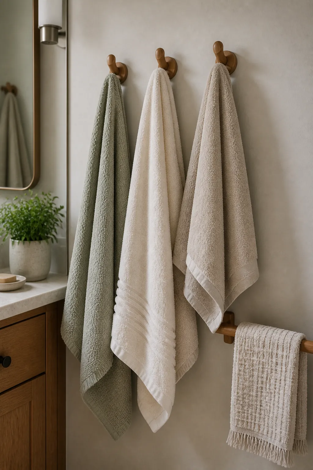 Towel styling with soft bathroom textiles on warm wood hooks