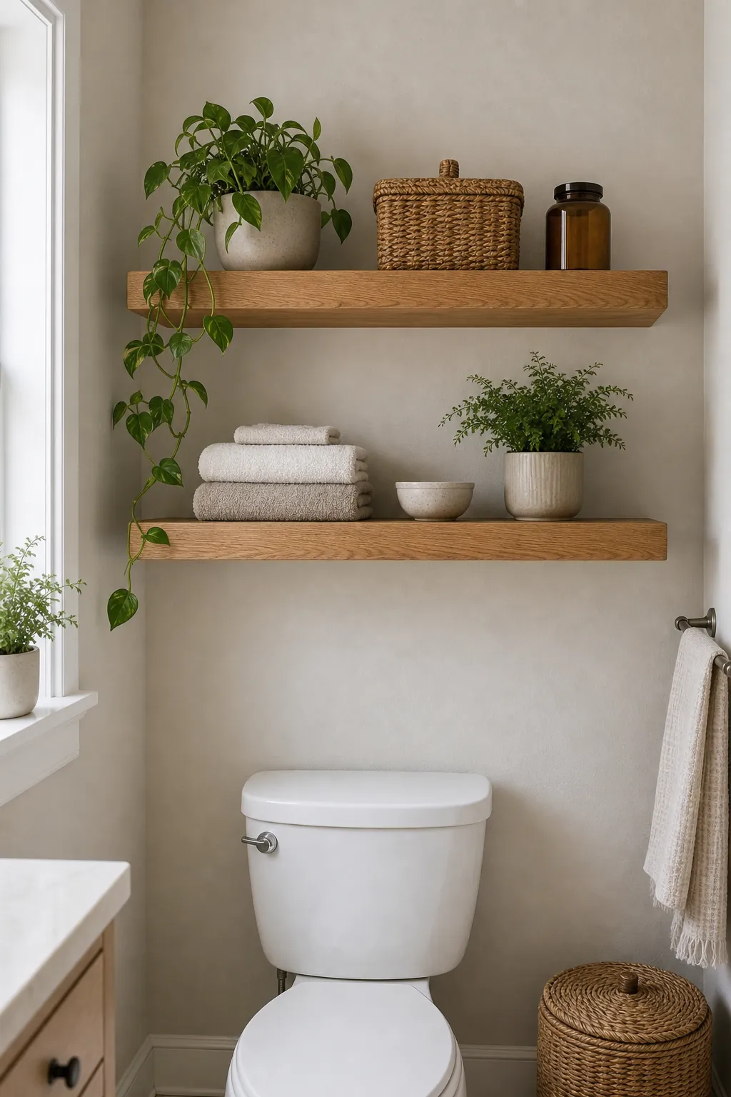 Wood bathroom shelf decor with baskets, towels, jars, and plant decor