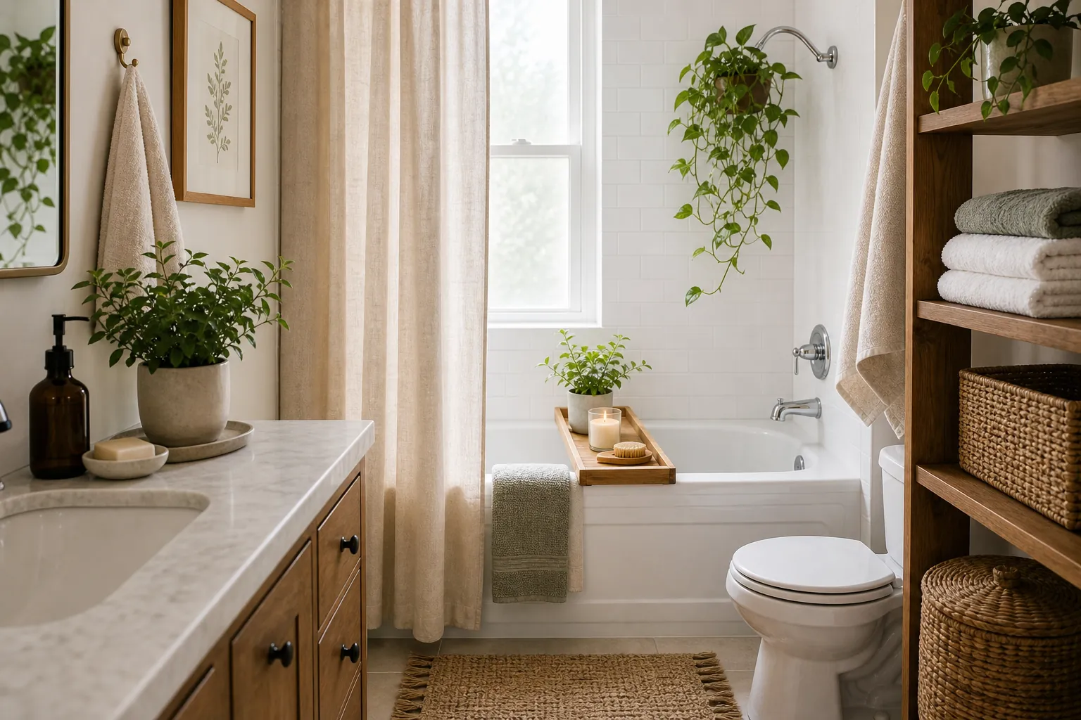 Natural bathroom styling with plants, towels, wood shelves, and earthy texture