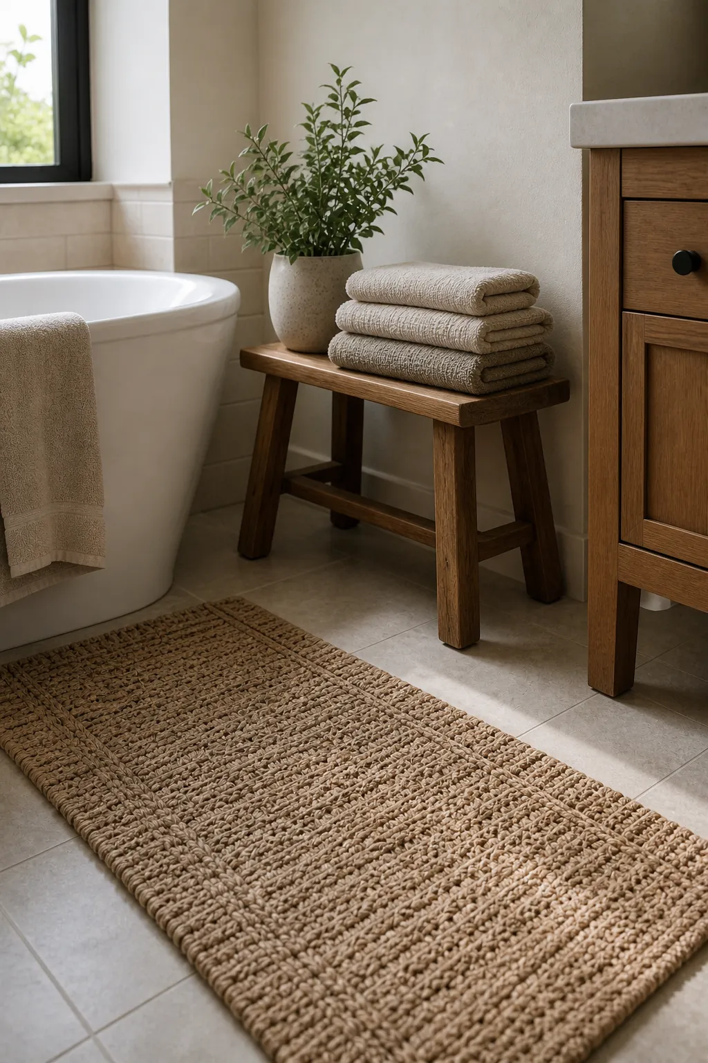 Earthy bathroom with a wood stool, textured rug, and soft towels