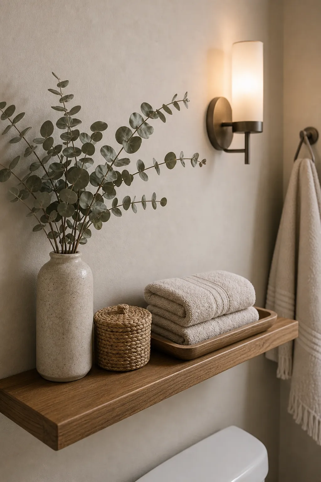 Low light natural bathroom shelf with dried eucalyptus, towels, and wood decor