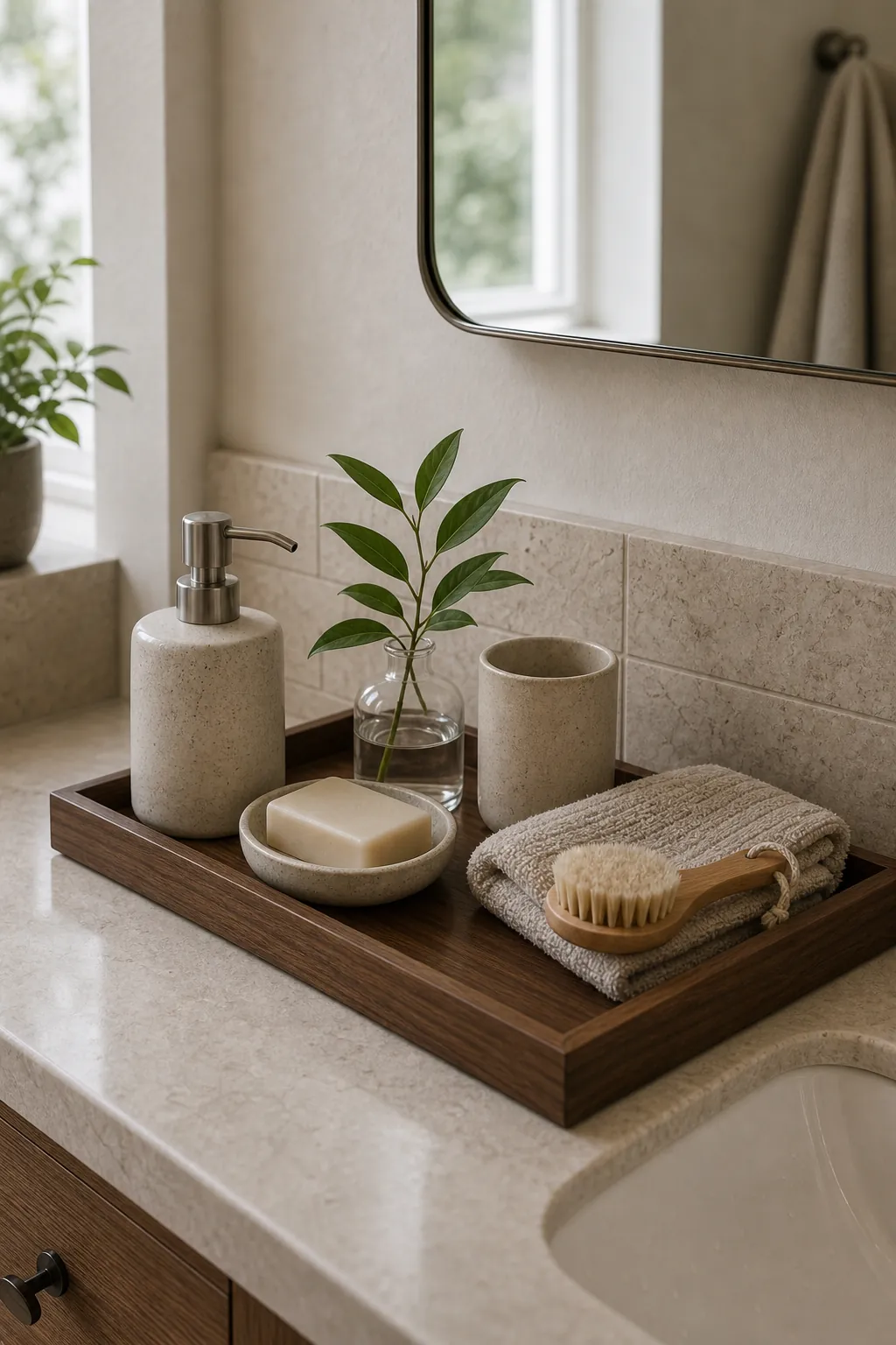 Wood vanity tray with plant decor and fresh bathroom essentials