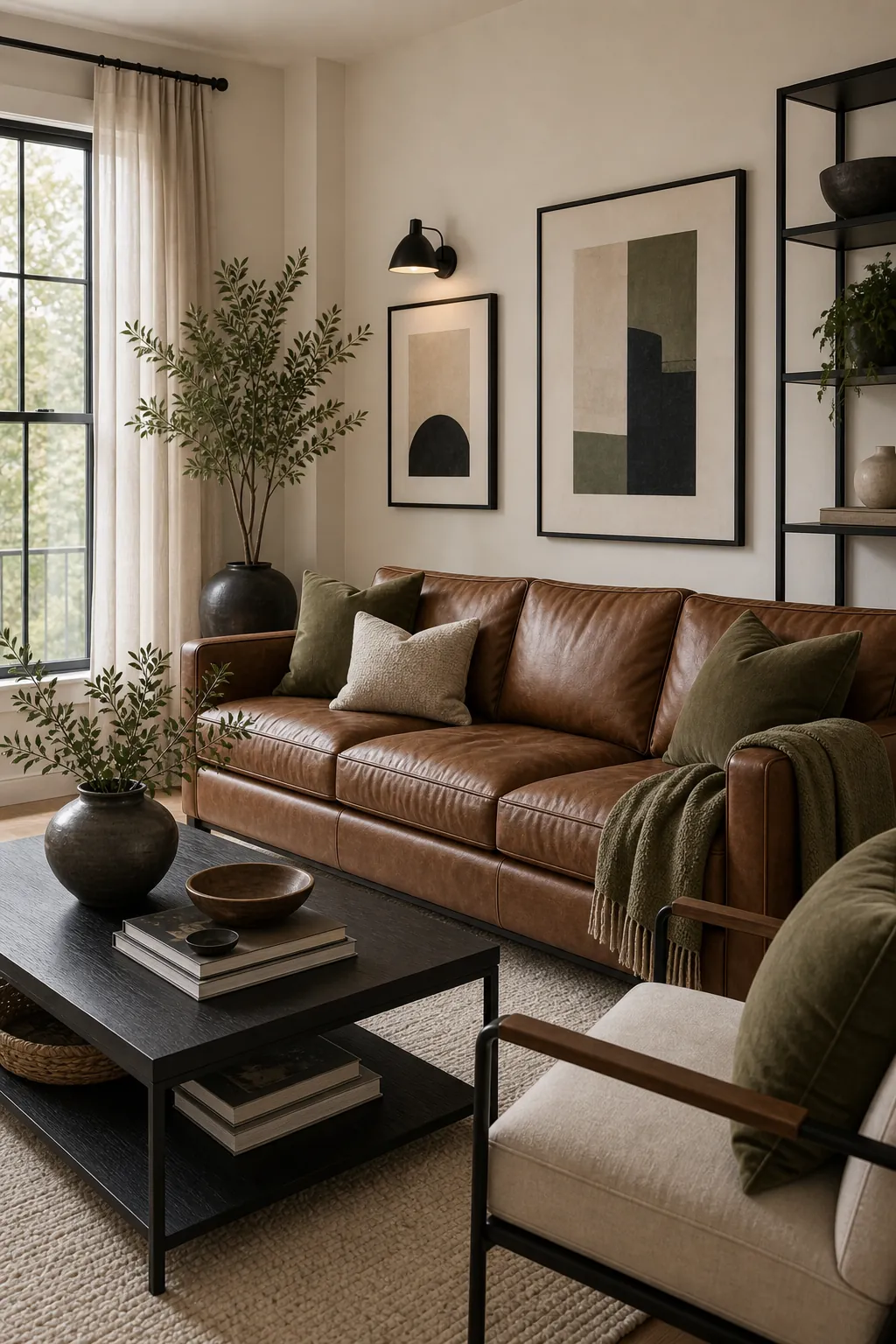 Brown leather couch living room with cream walls soft black accents and olive decor