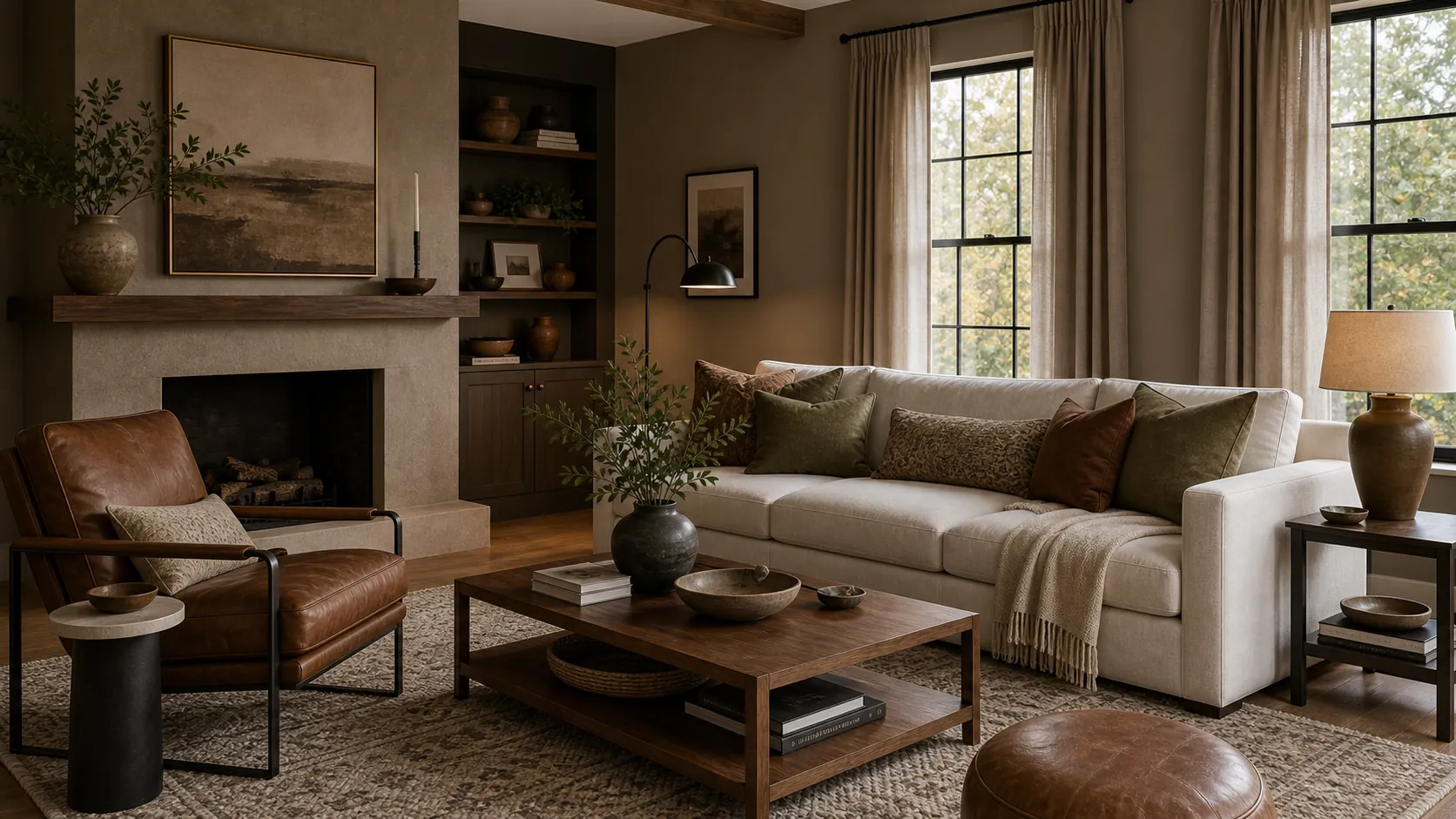 Brown living room color scheme with cream sofa warm wood olive accents and textured rug