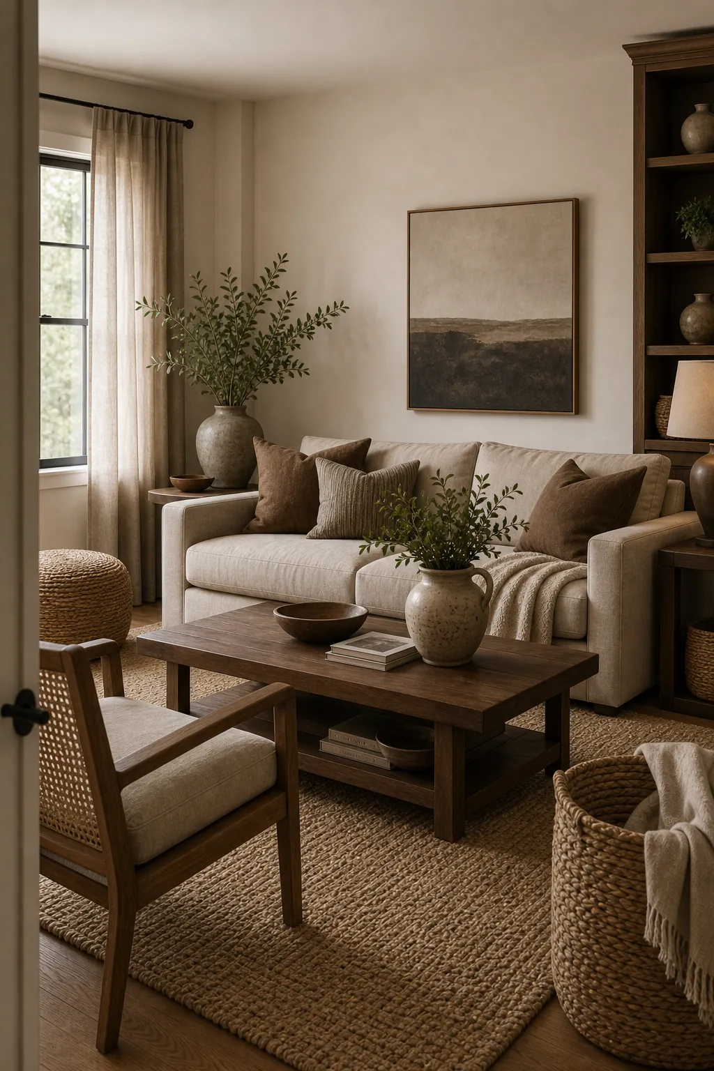 Brown and beige living room with linen curtains woven textures and warm wood