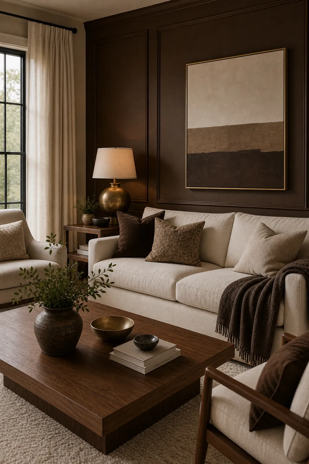 Chocolate brown accent wall living room with ivory sofa walnut furniture and brass lamp